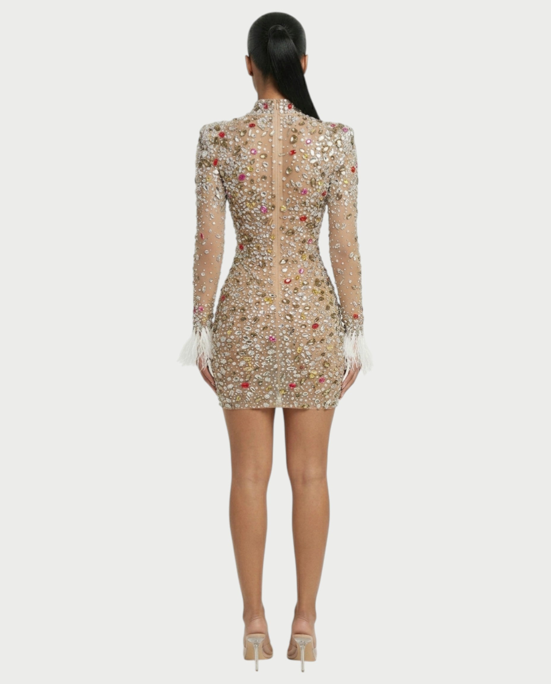 DIMERY Jeweled Feather Cuffs Mesh Mini Dress