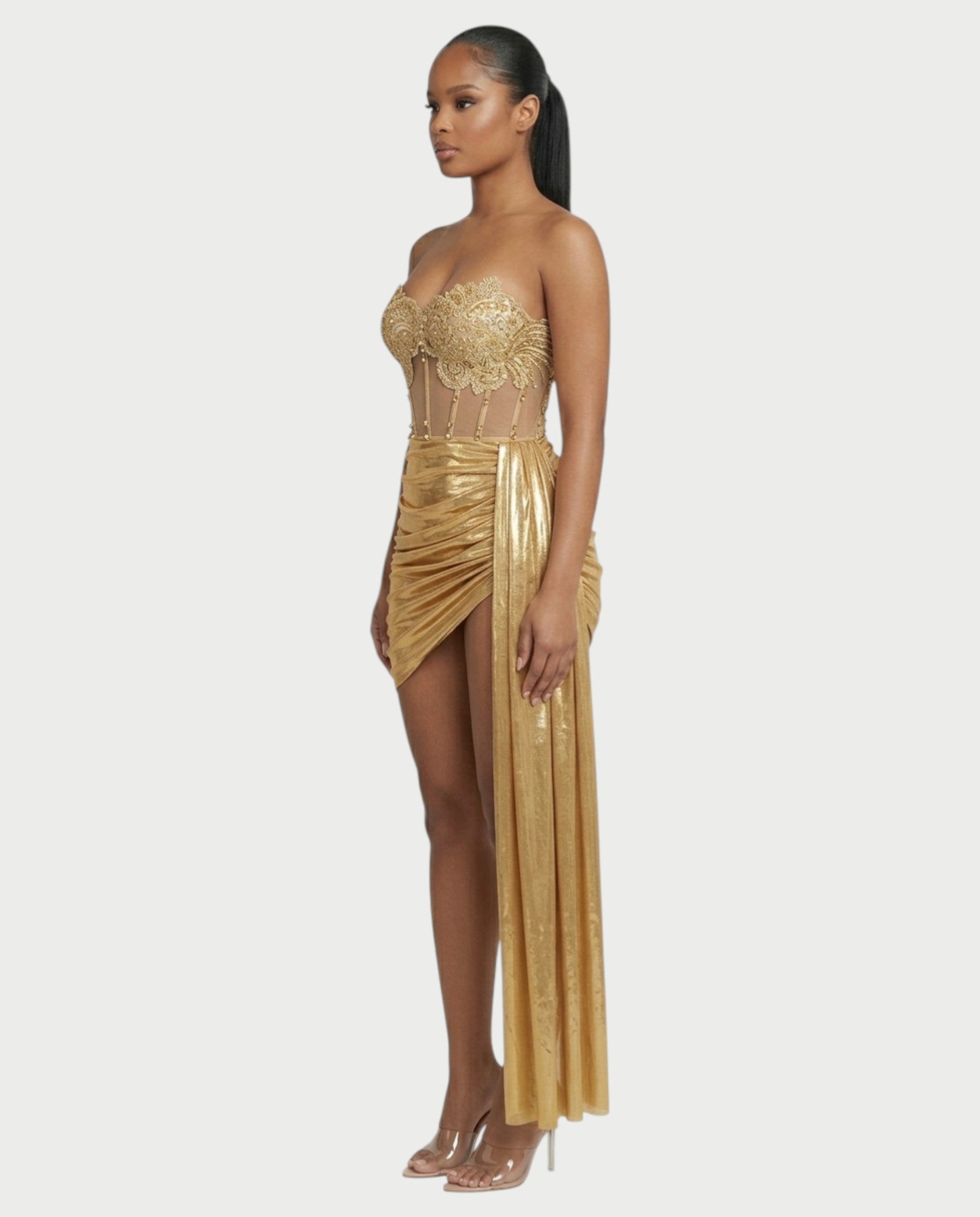 YUINE Lace-Up Draped Corset Mini Dress