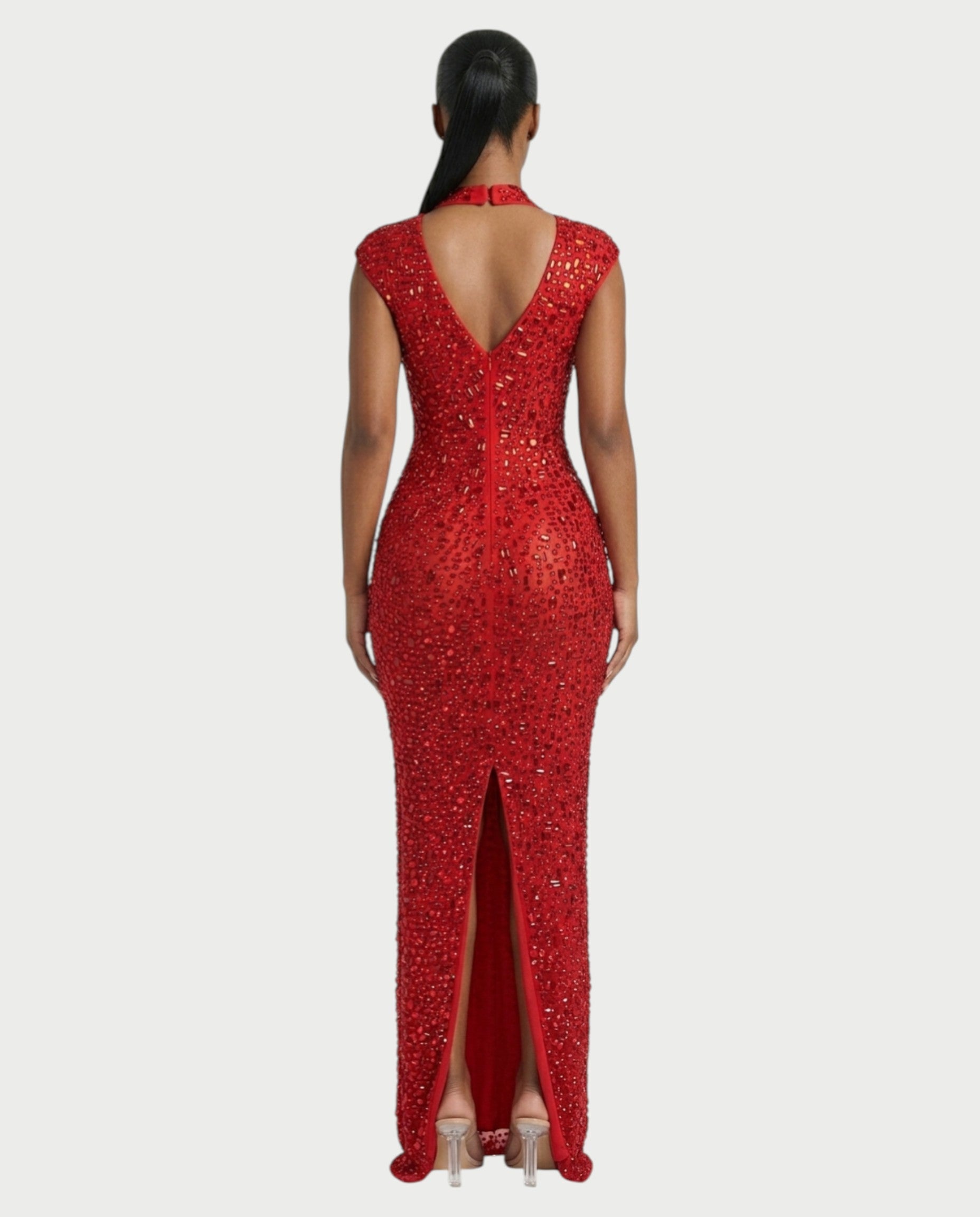 MORIA Crystal High-Neck Bodycon Maxi Dress