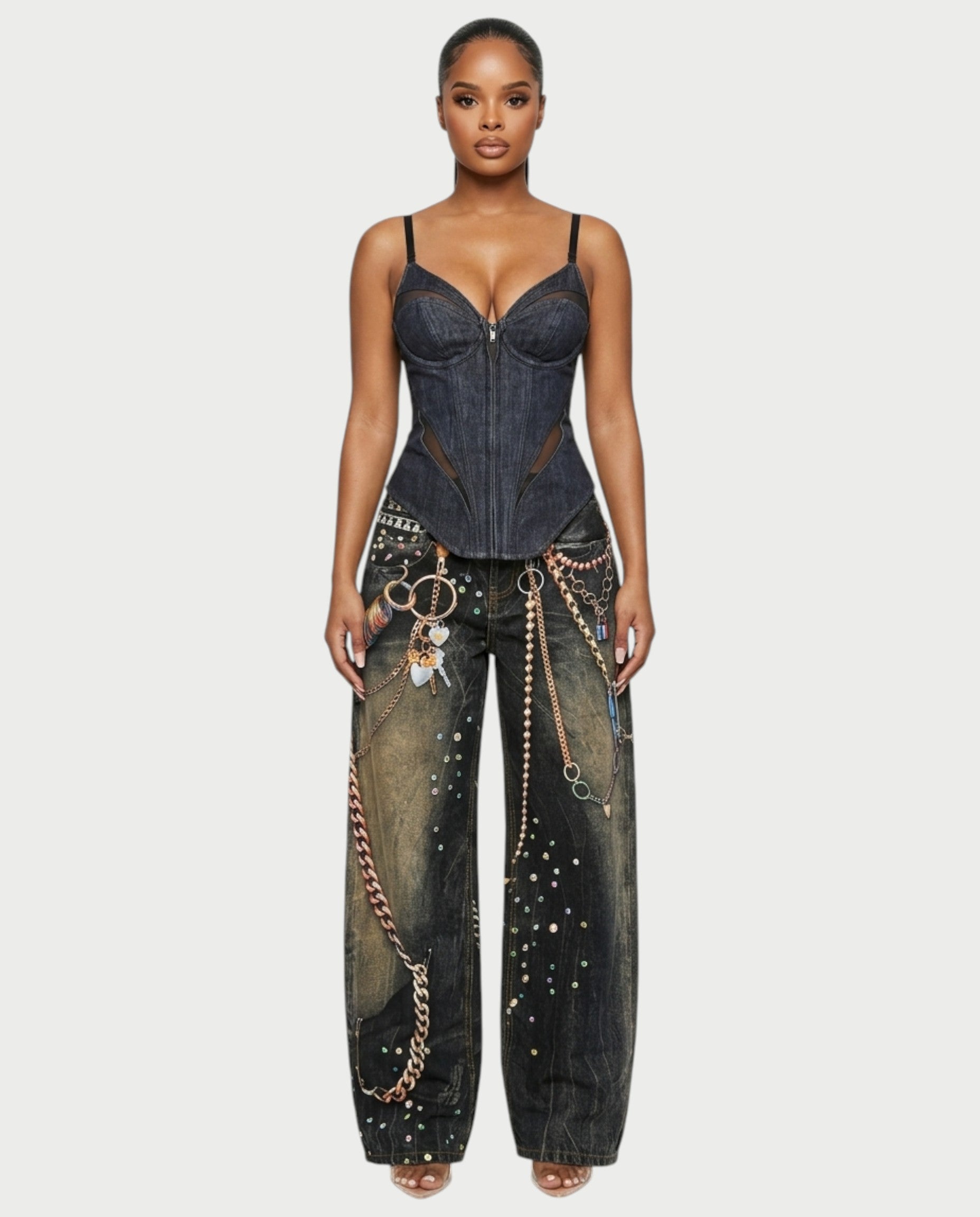 SANZA Vintage Denim Chain Detail Wide-Leg Pants