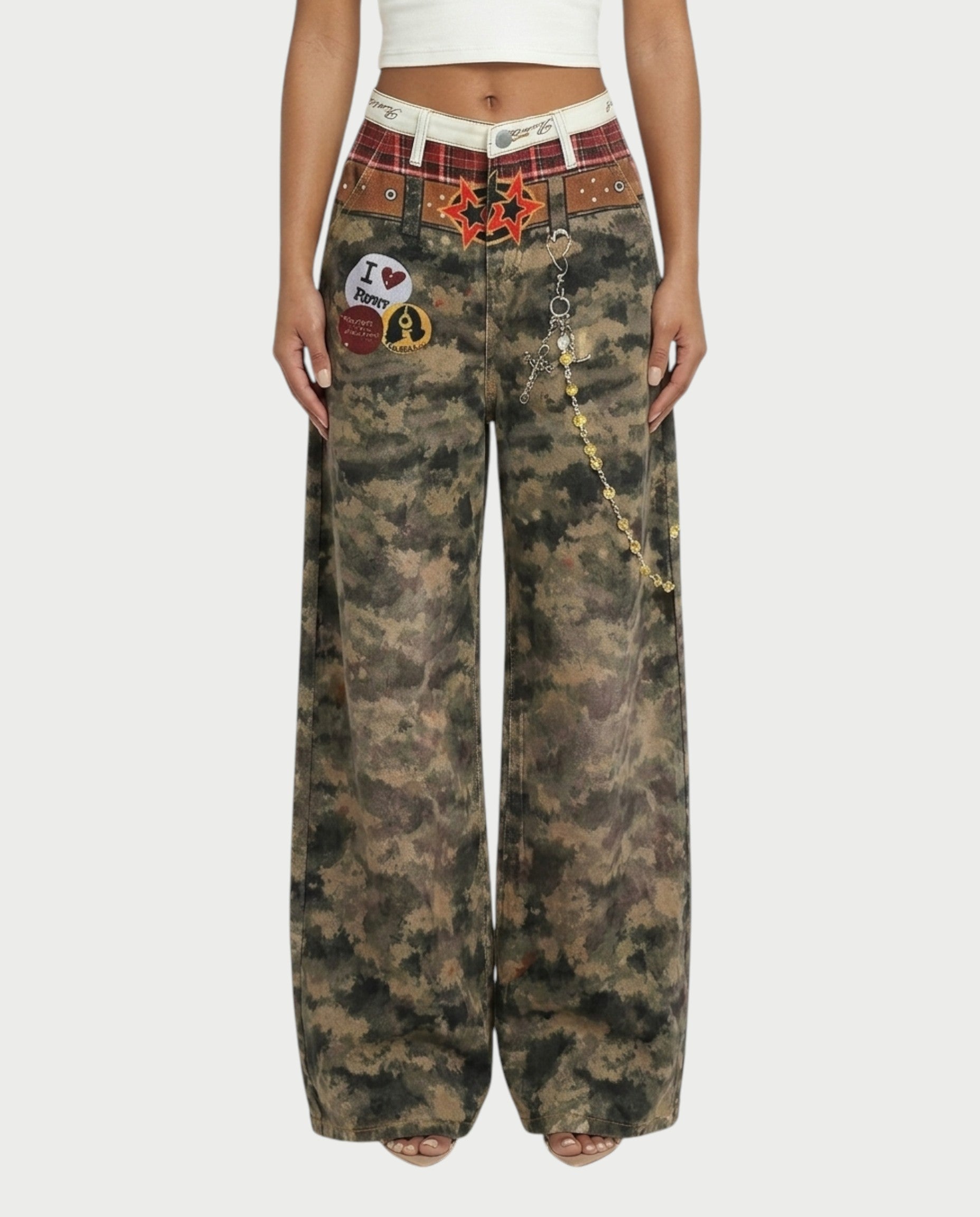 CEVY Retro Camo Wide-Leg Denim Pants