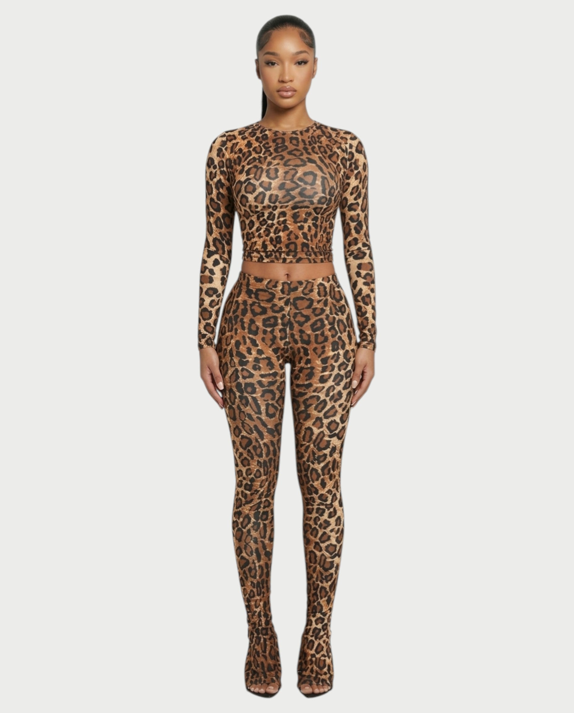 FRELY Leopard Print Long Sleeve Top & Flared Legging Set