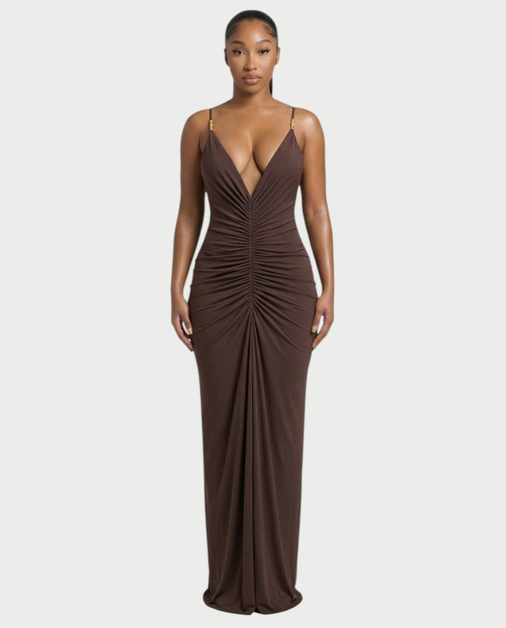 LEXA Ruched Deep V Buckle Strap Maxi Dress