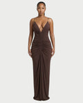 LEXA Ruched Deep V Buckle Strap Maxi Dress