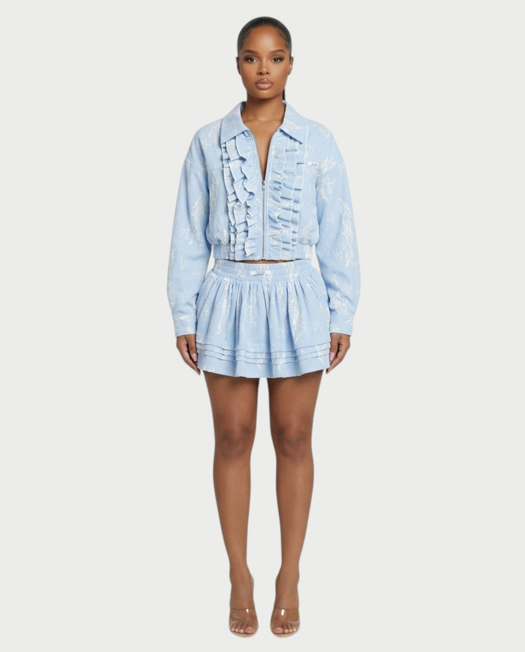 VETTE Ruffled Lace Zip-Up Jacket & Mini Skirt Set