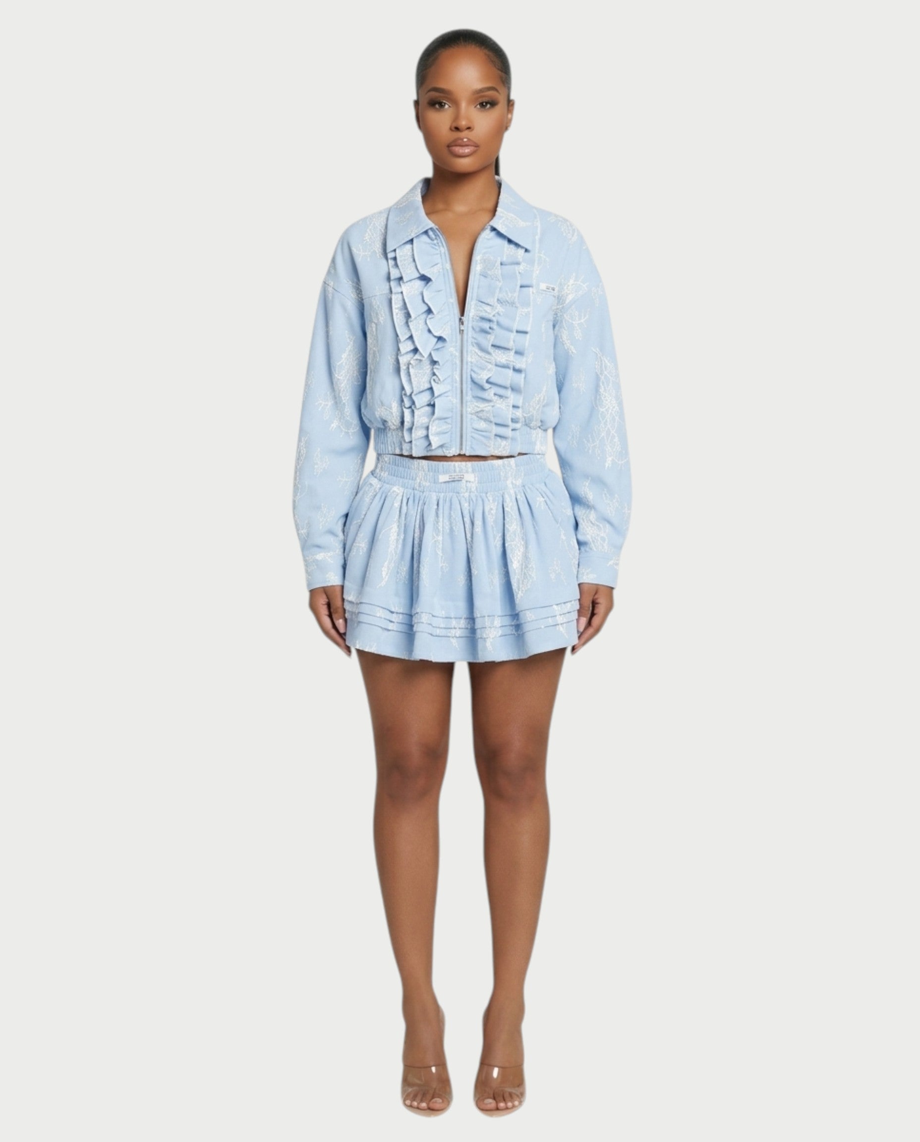 VETTE Ruffled Lace Zip-Up Jacket & Mini Skirt Set