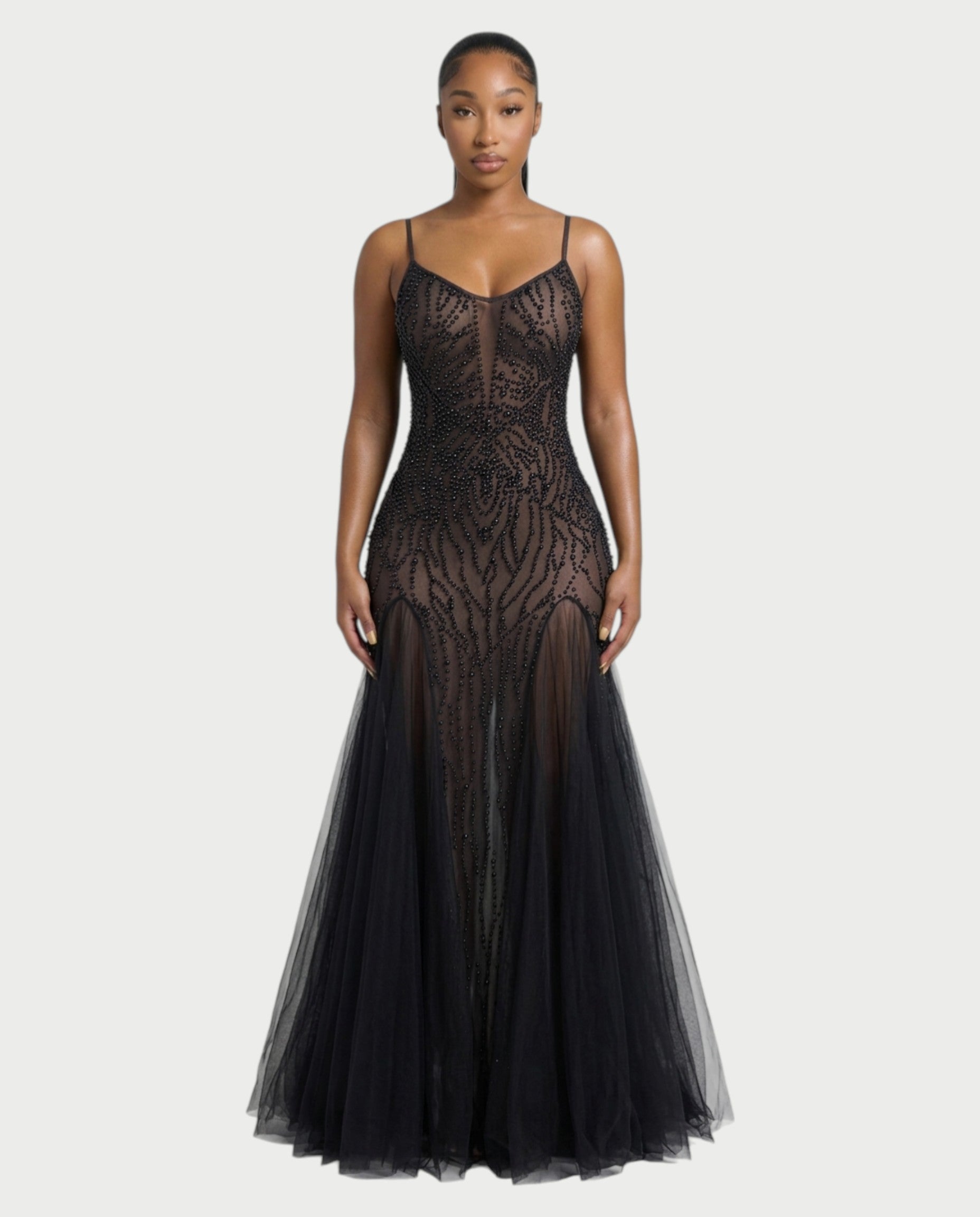 ZYREL Beaded Sheer Tulle Skirt Maxi Dress