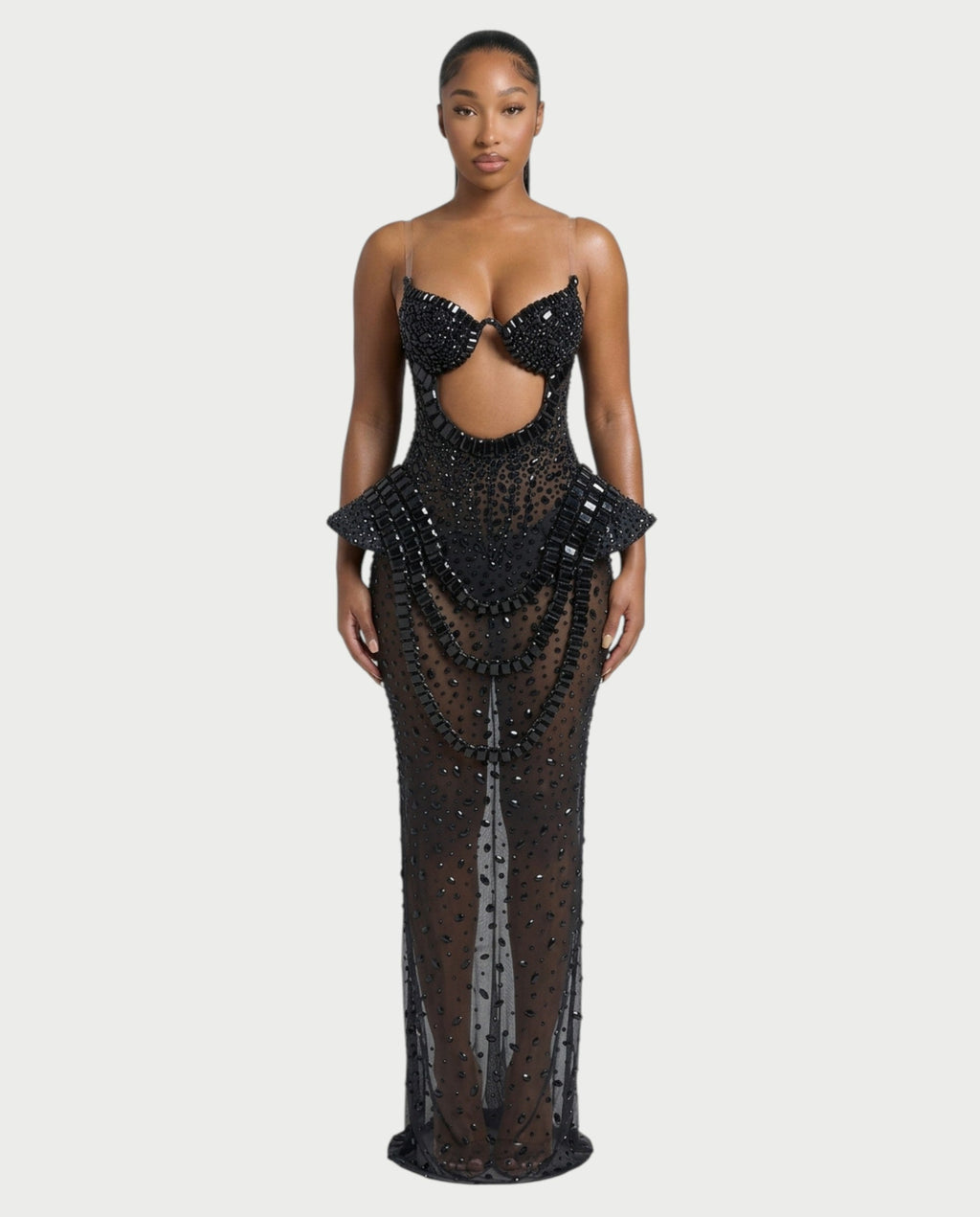 VREYS Crystal Studded Sheer Maxi Dress