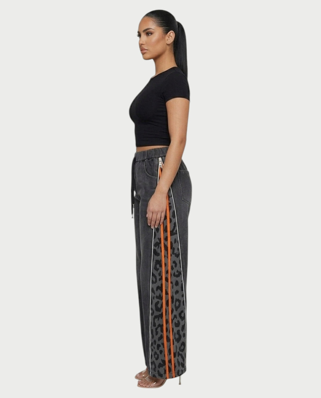 DINES Leopard-Panel Wide-Leg Denim Pants