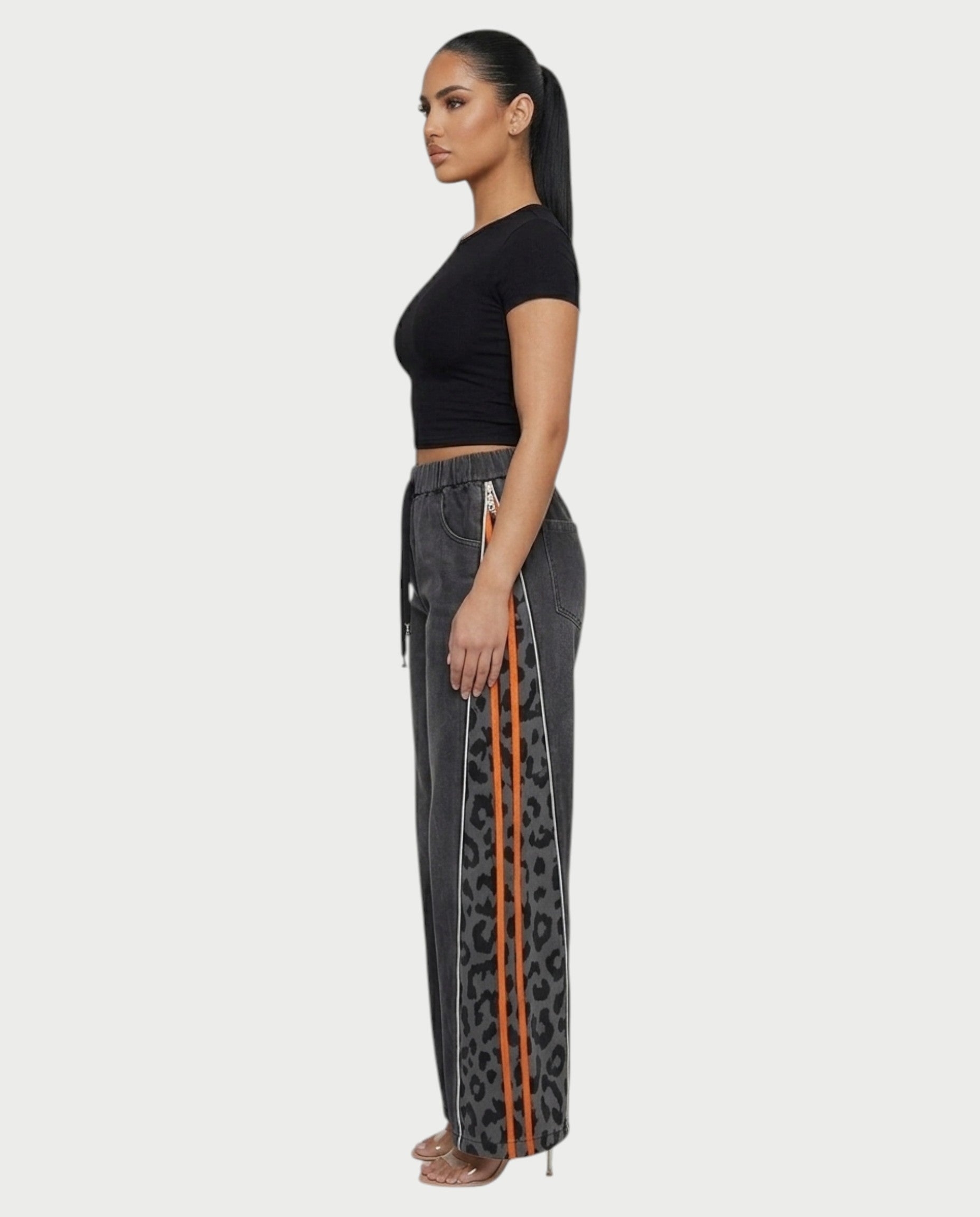 DINES Leopard-Panel Wide-Leg Denim Pants