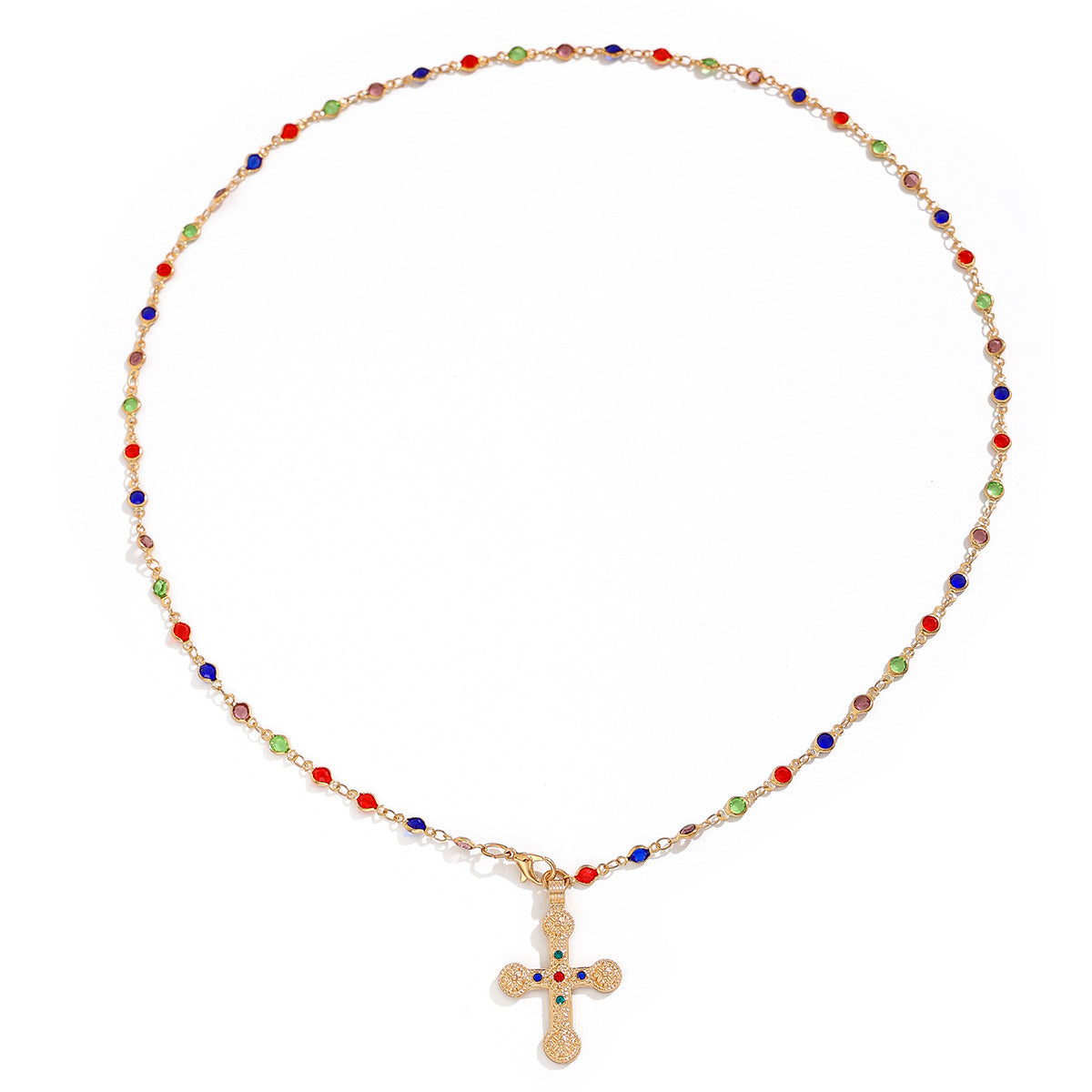 Beaded Gemstone Cross Pendant Necklace