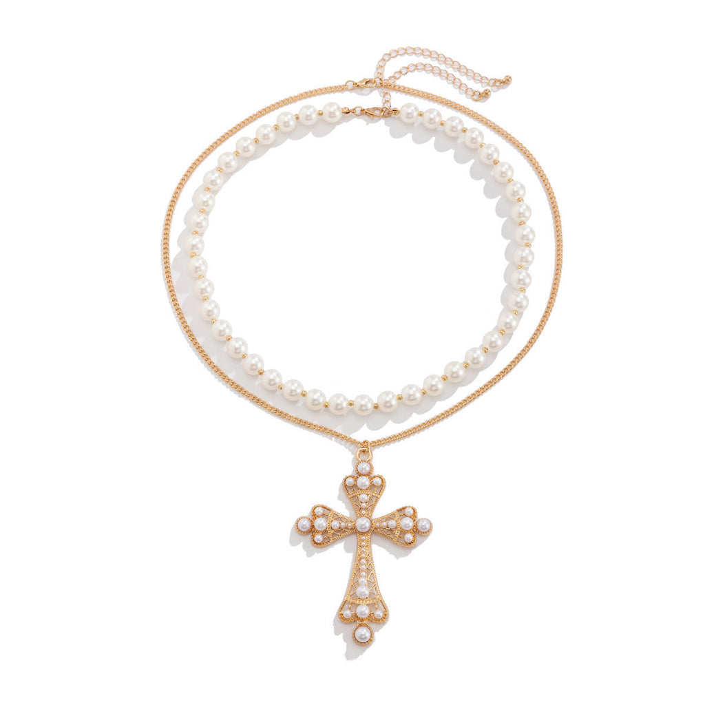 Pearl Necklace & Large Cross Pendant Set