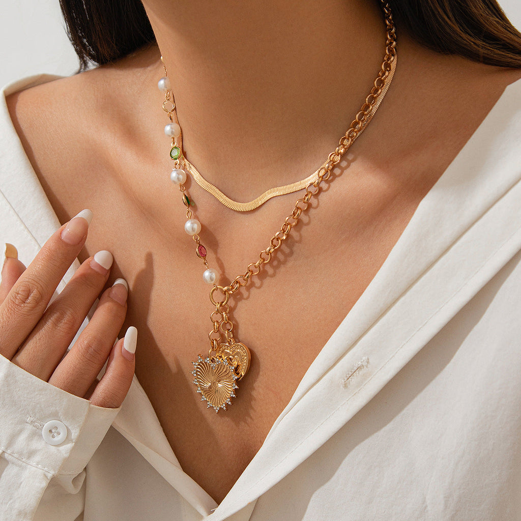 Pearl & Crystal Heart Drop Necklace