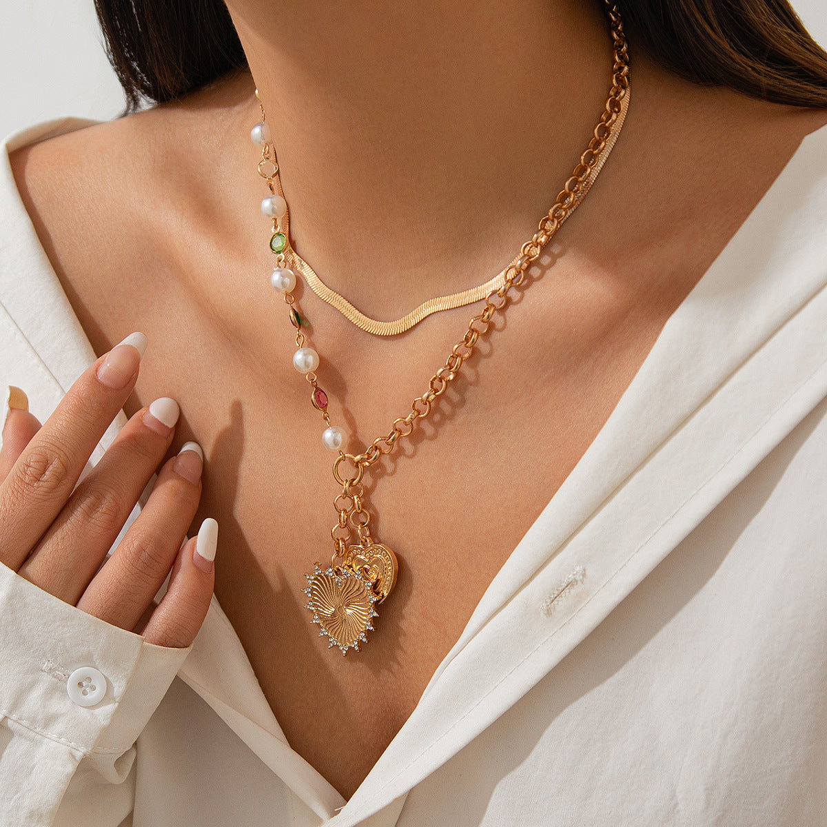 Pearl & Crystal Heart Drop Necklace