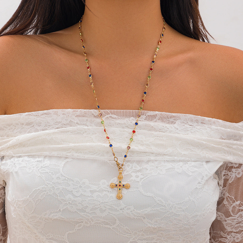 Beaded Gemstone Cross Pendant Necklace