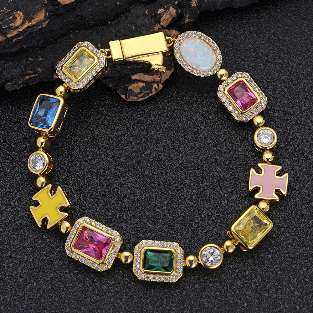 Gold Plated Zircon Colored Rhinestone Bracelet