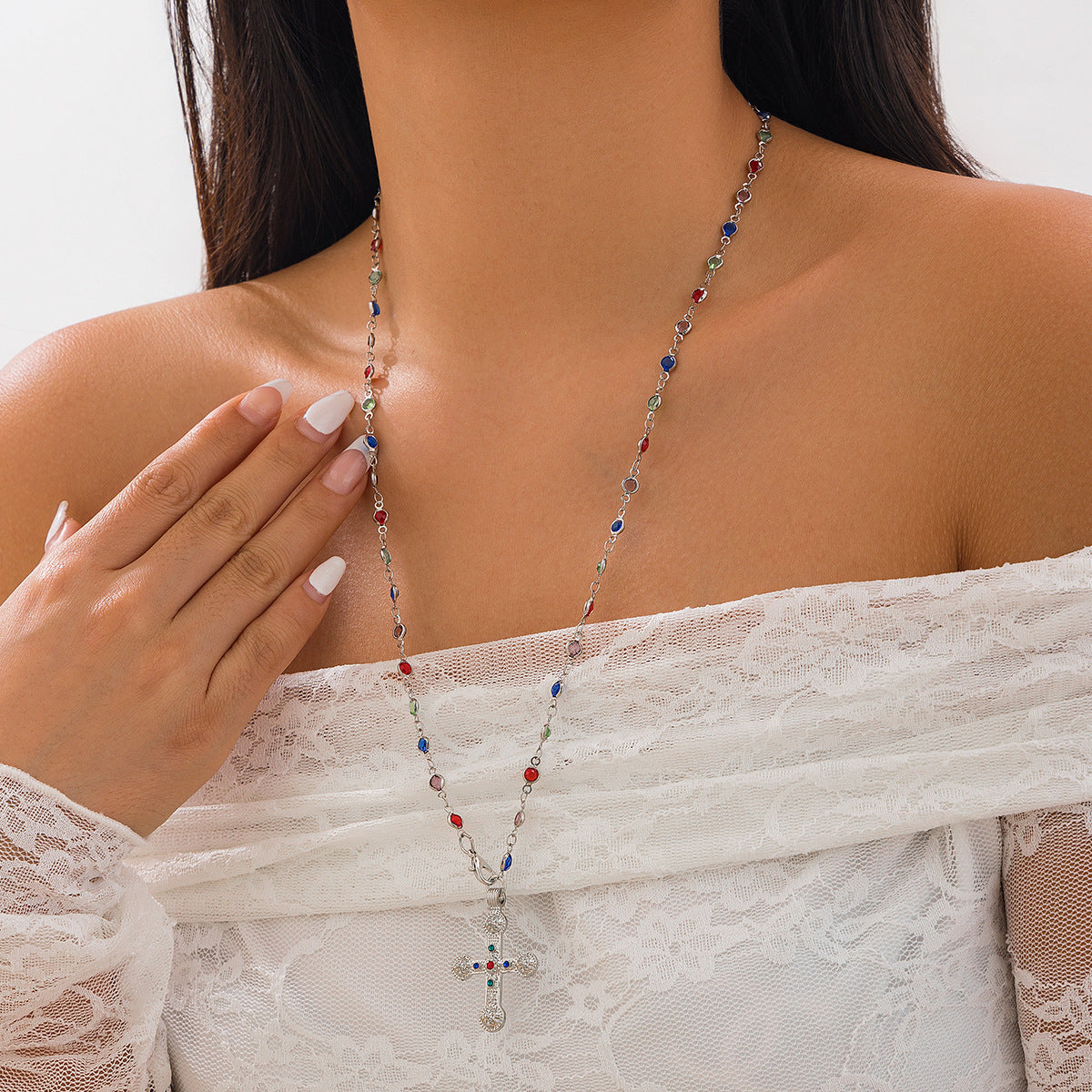 Beaded Gemstone Cross Pendant Necklace