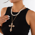 Pearl Necklace & Large Cross Pendant Set