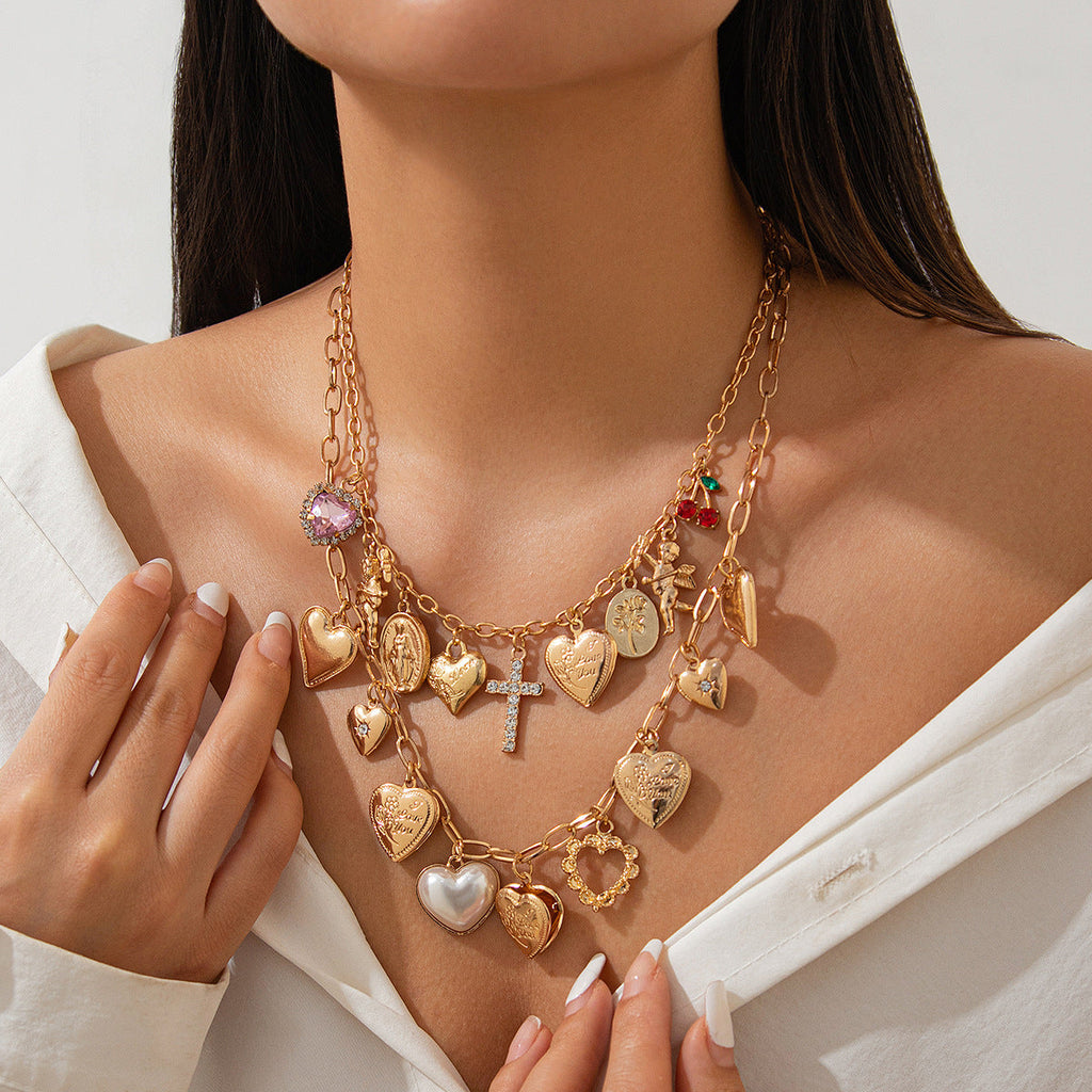 Heart Cross Layered Gold Necklace Set