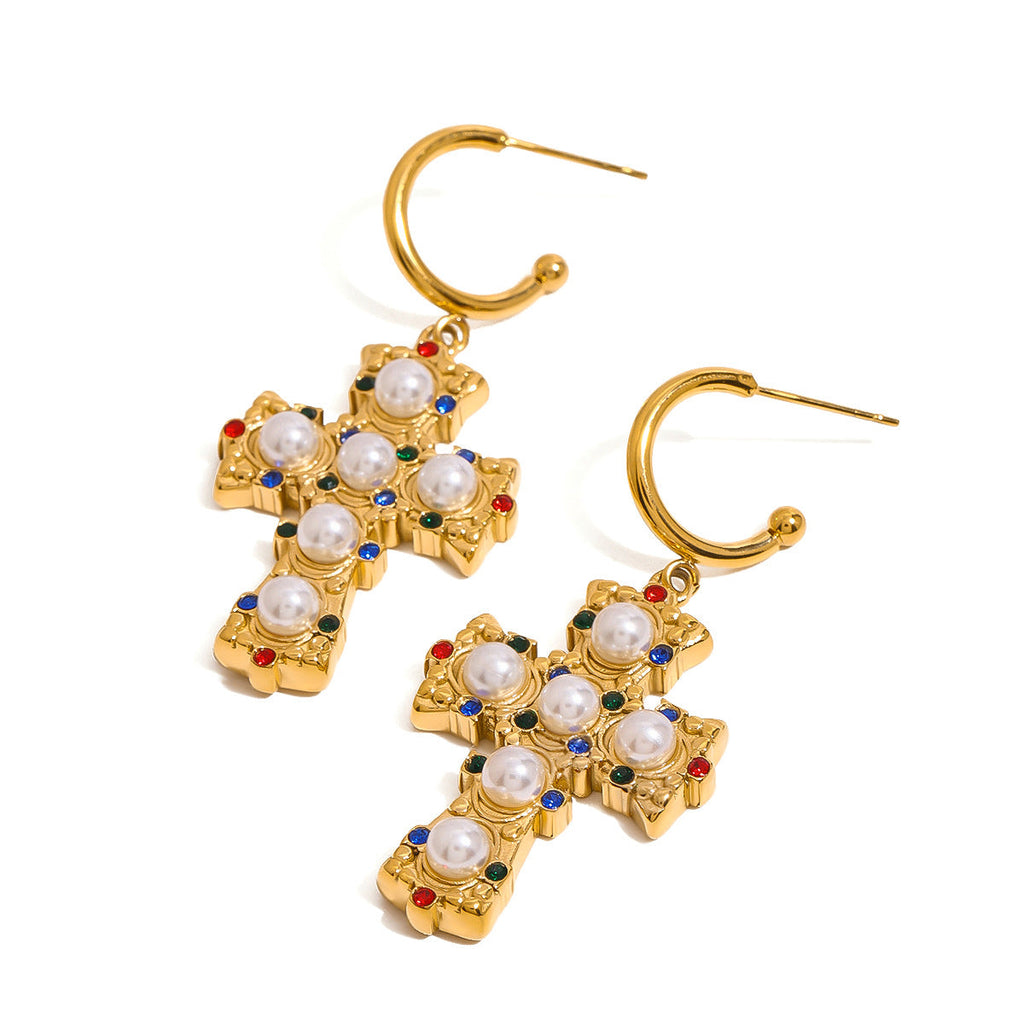 Stainless Steel Pearl Cross Earings