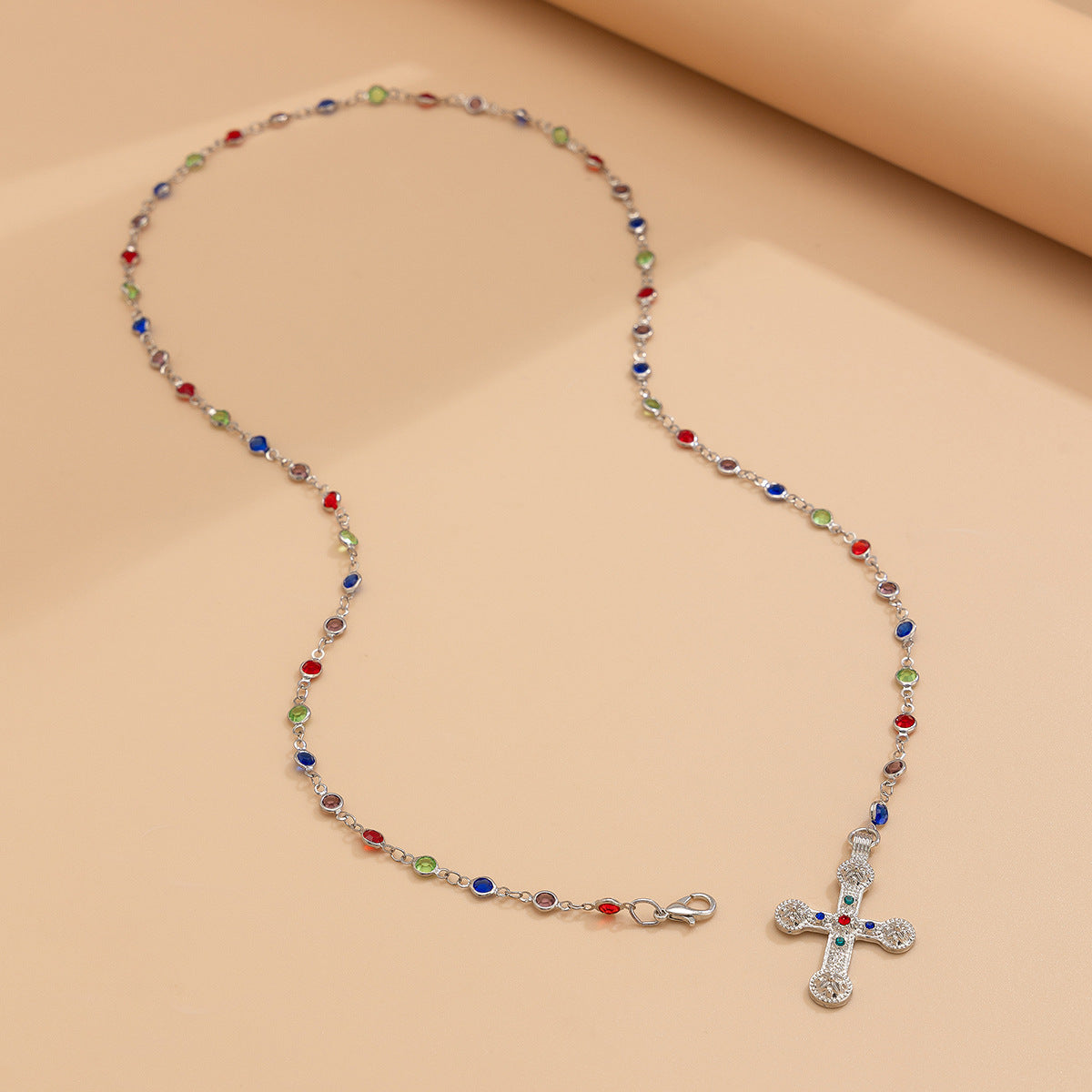 Beaded Gemstone Cross Pendant Necklace