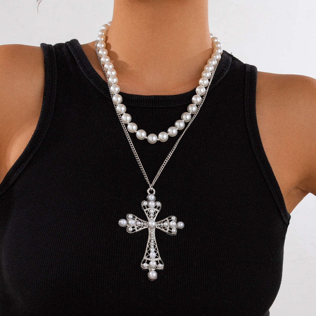 Pearl Necklace & Large Cross Pendant Set