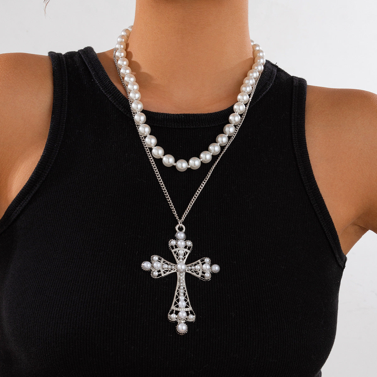 Pearl Necklace & Large Cross Pendant Set
