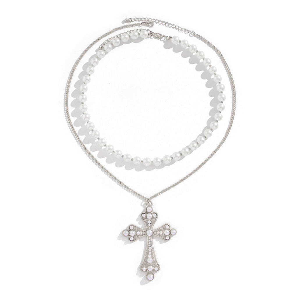Pearl Necklace & Large Cross Pendant Set