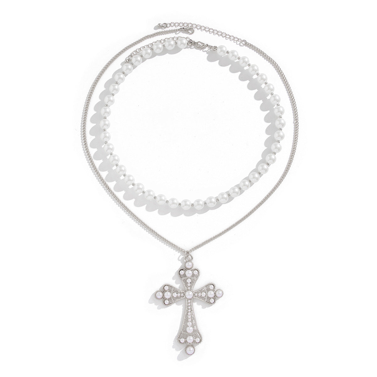 Pearl Necklace & Large Cross Pendant Set