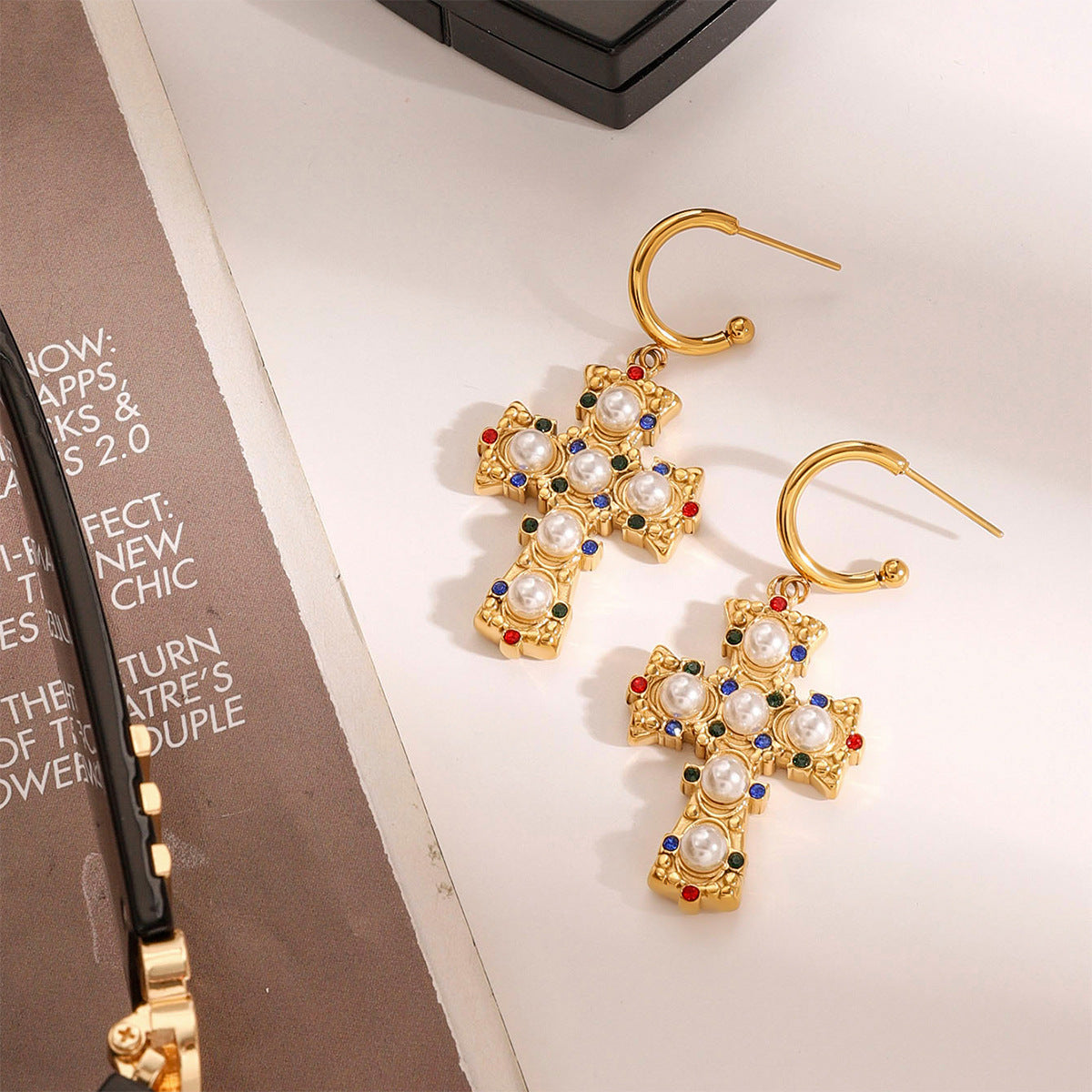 Stainless Steel Pearl Cross Earings