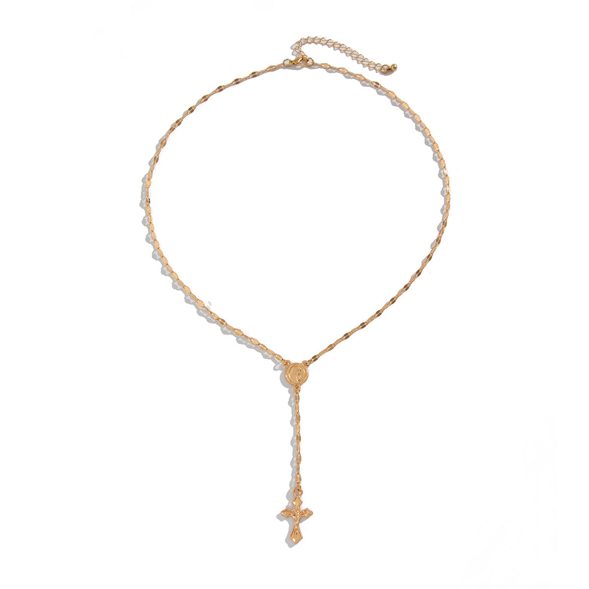 Coin Cross Drop Gold Lariat Necklace