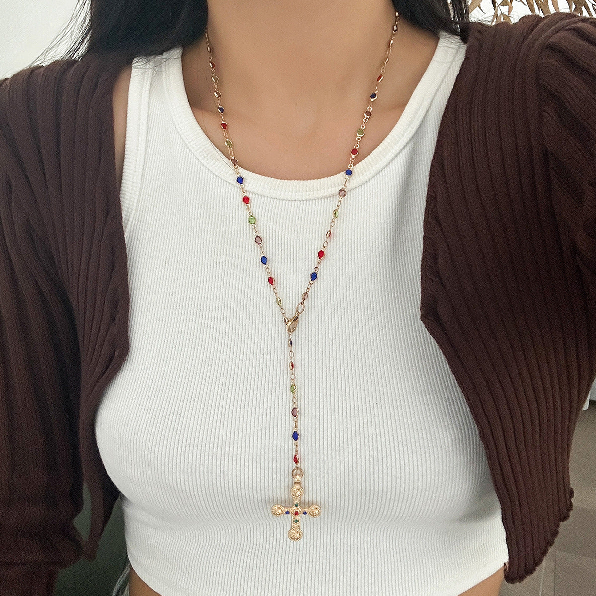 Beaded Gemstone Cross Pendant Necklace