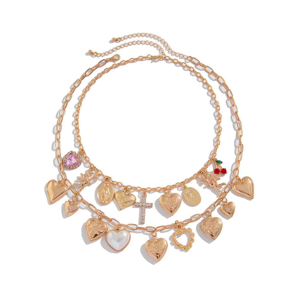 Heart Cross Layered Gold Necklace Set