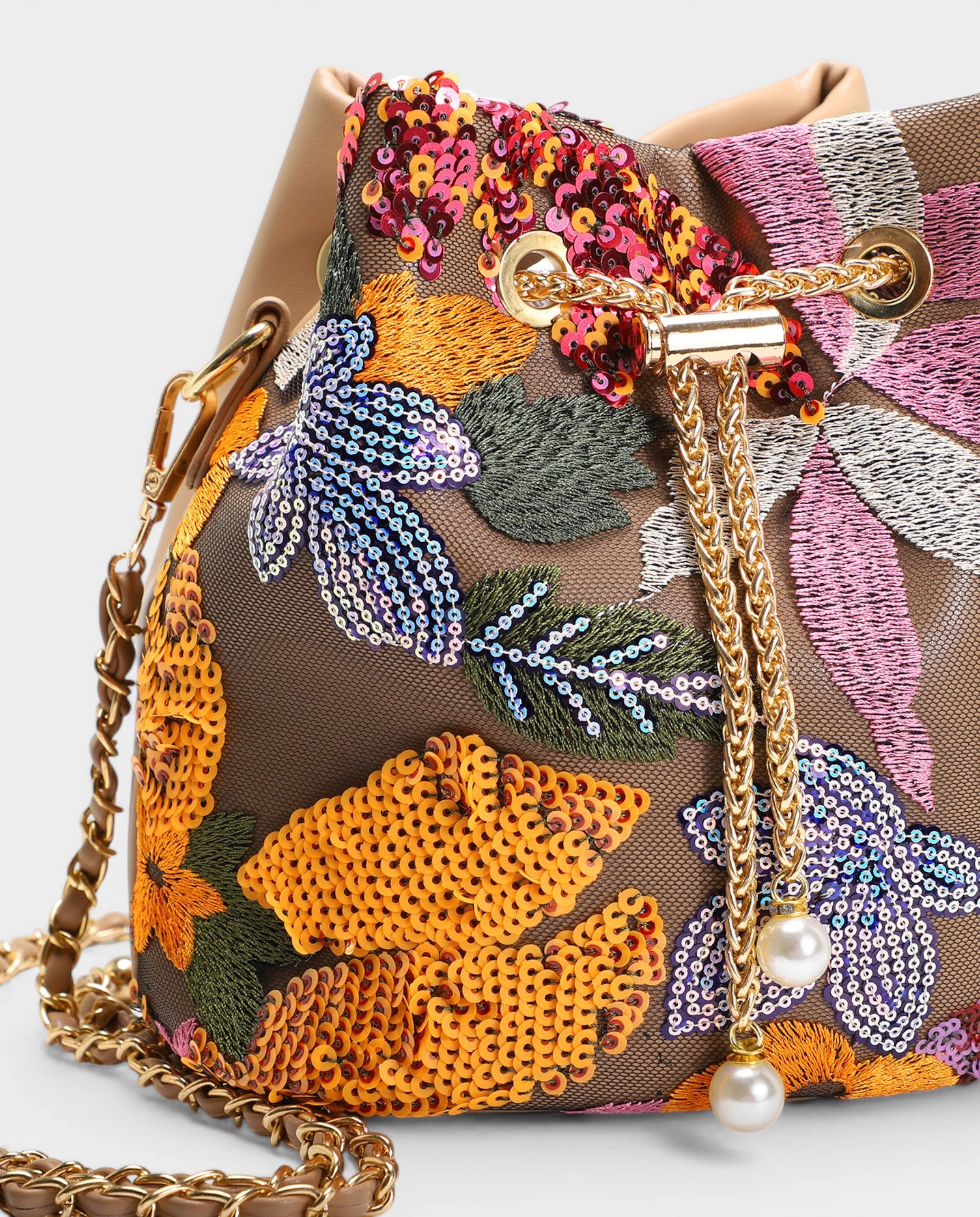 CETTA Embroidered Floral Sequin Bucket Bag