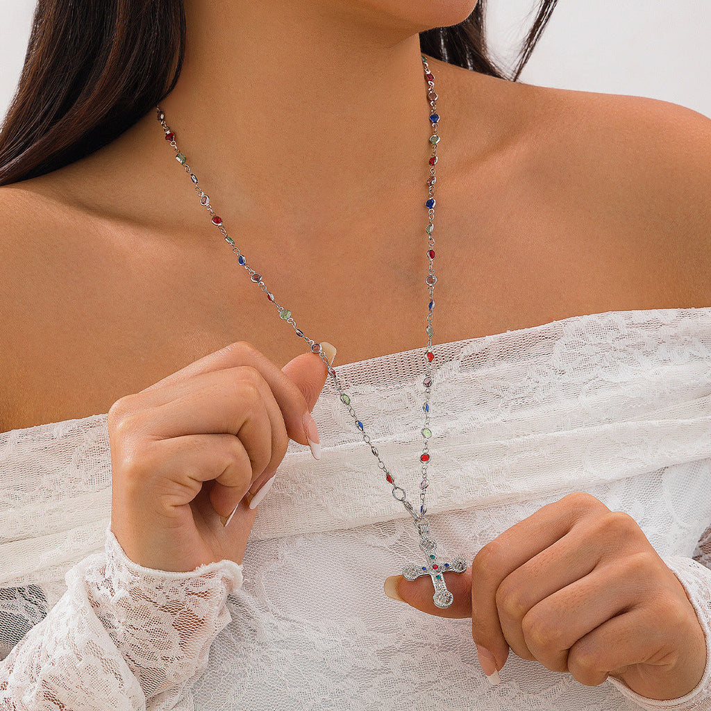 Beaded Gemstone Cross Pendant Necklace