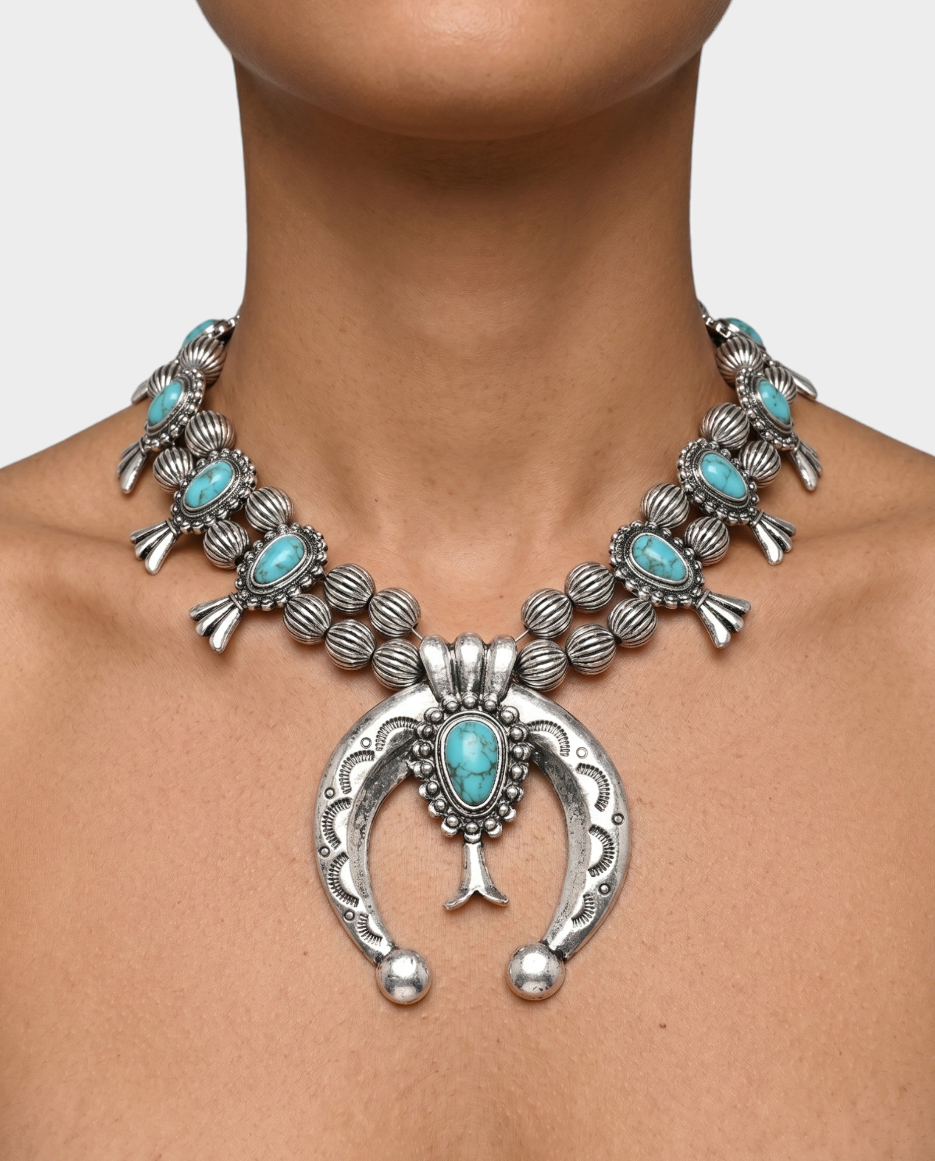 Turquoise Stone Squash Blossom Necklace