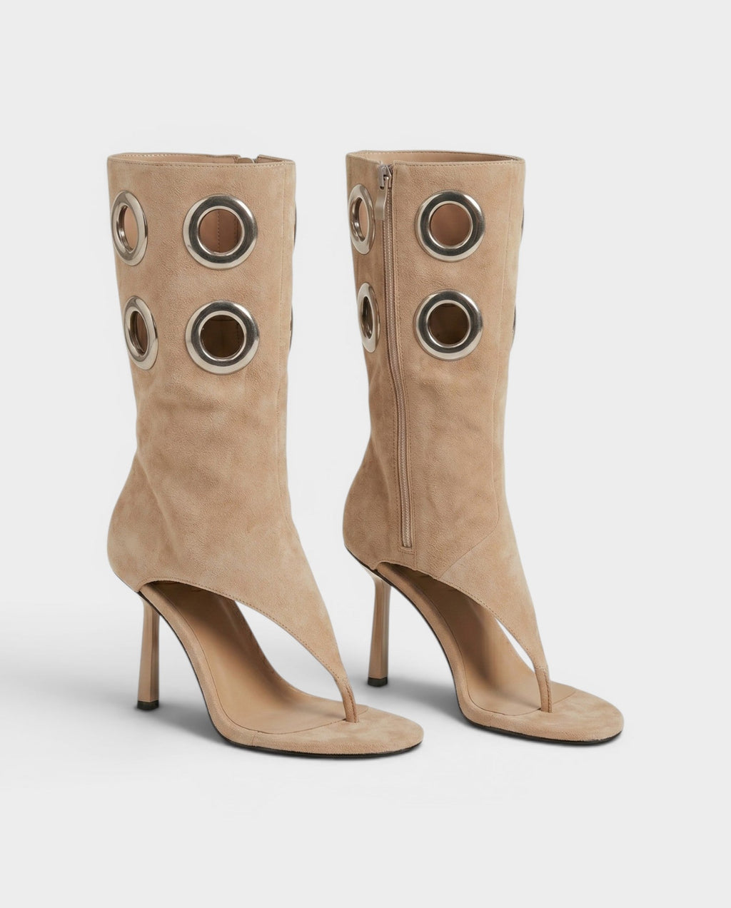 KENNA Metallic Eyelet Open-Toe Stiletto Heel Boots
