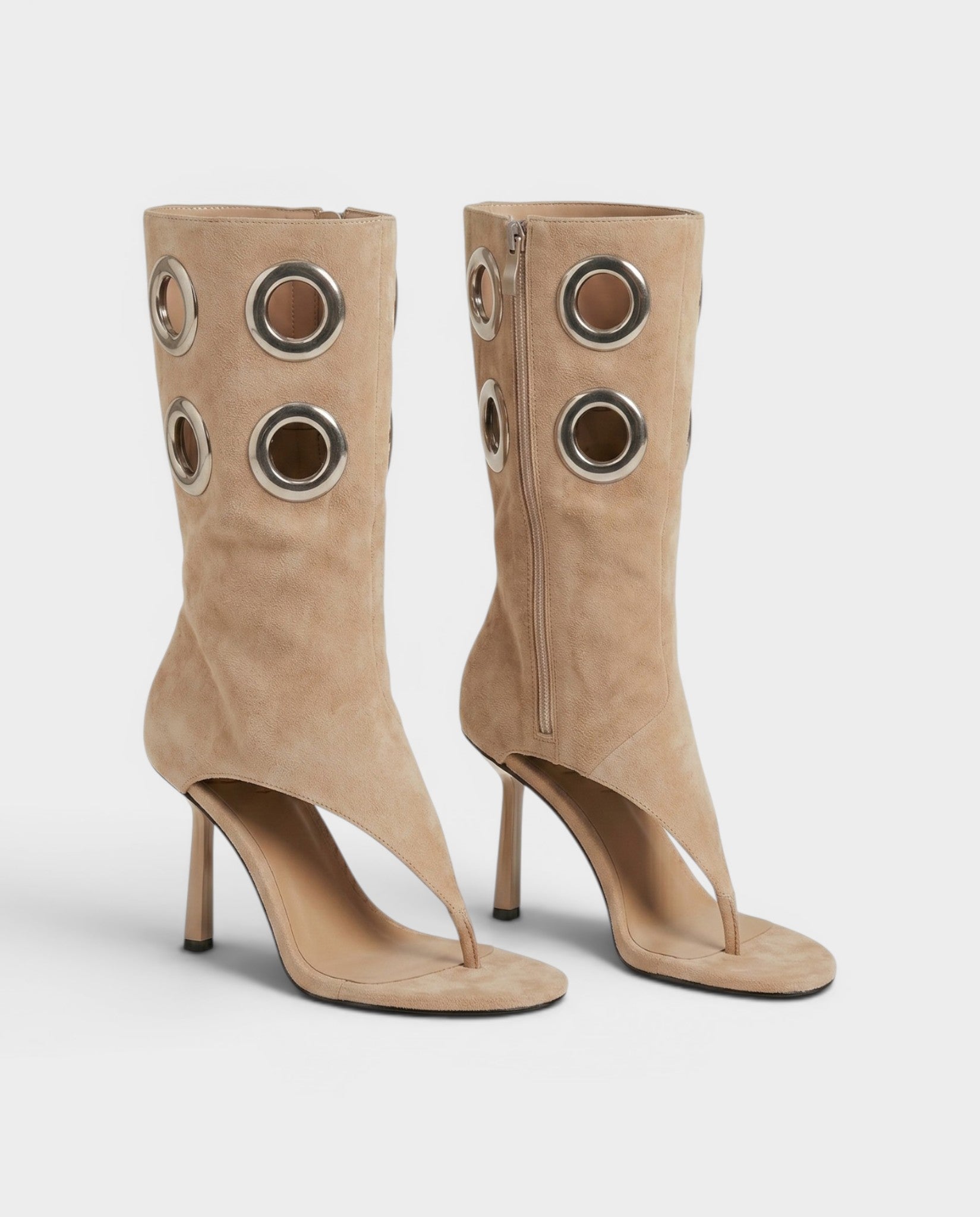 KENNA Metallic Eyelet Open-Toe Stiletto Heel Boots