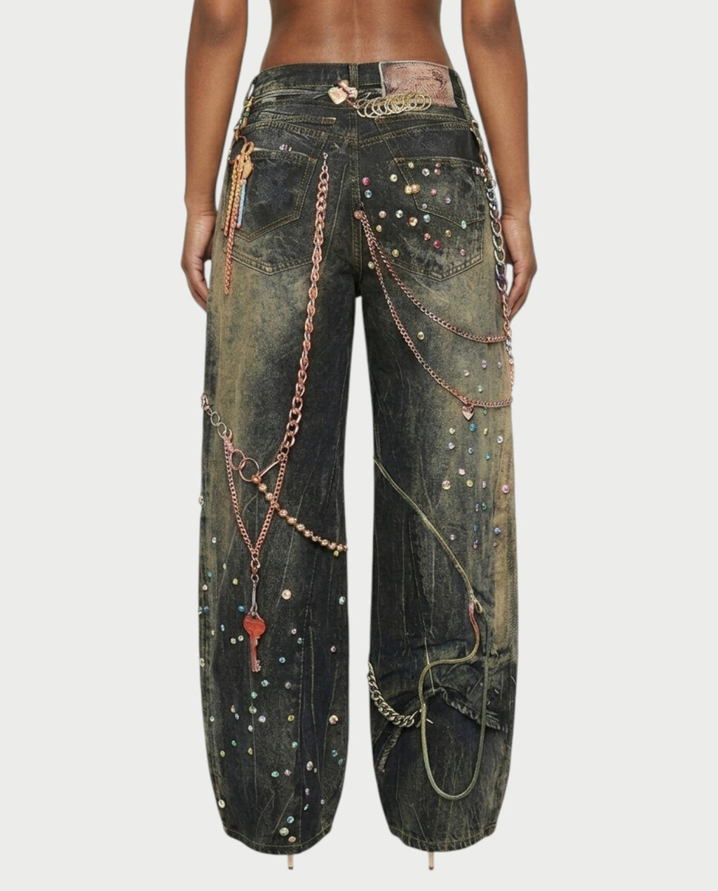 SANZA Vintage Denim Chain Detail Wide-Leg Pants