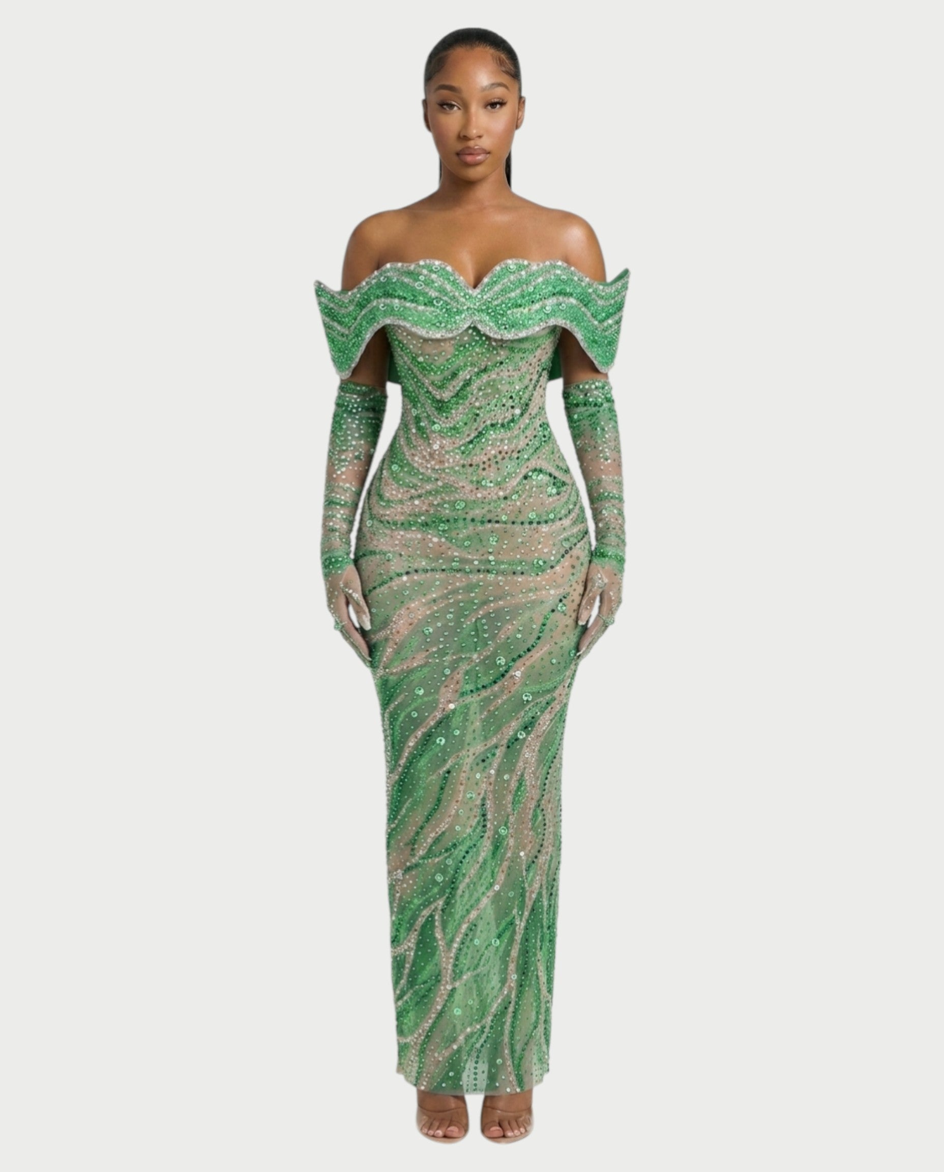 NELKA Rhinestone Off-Shoulder Mesh Maxi Dress