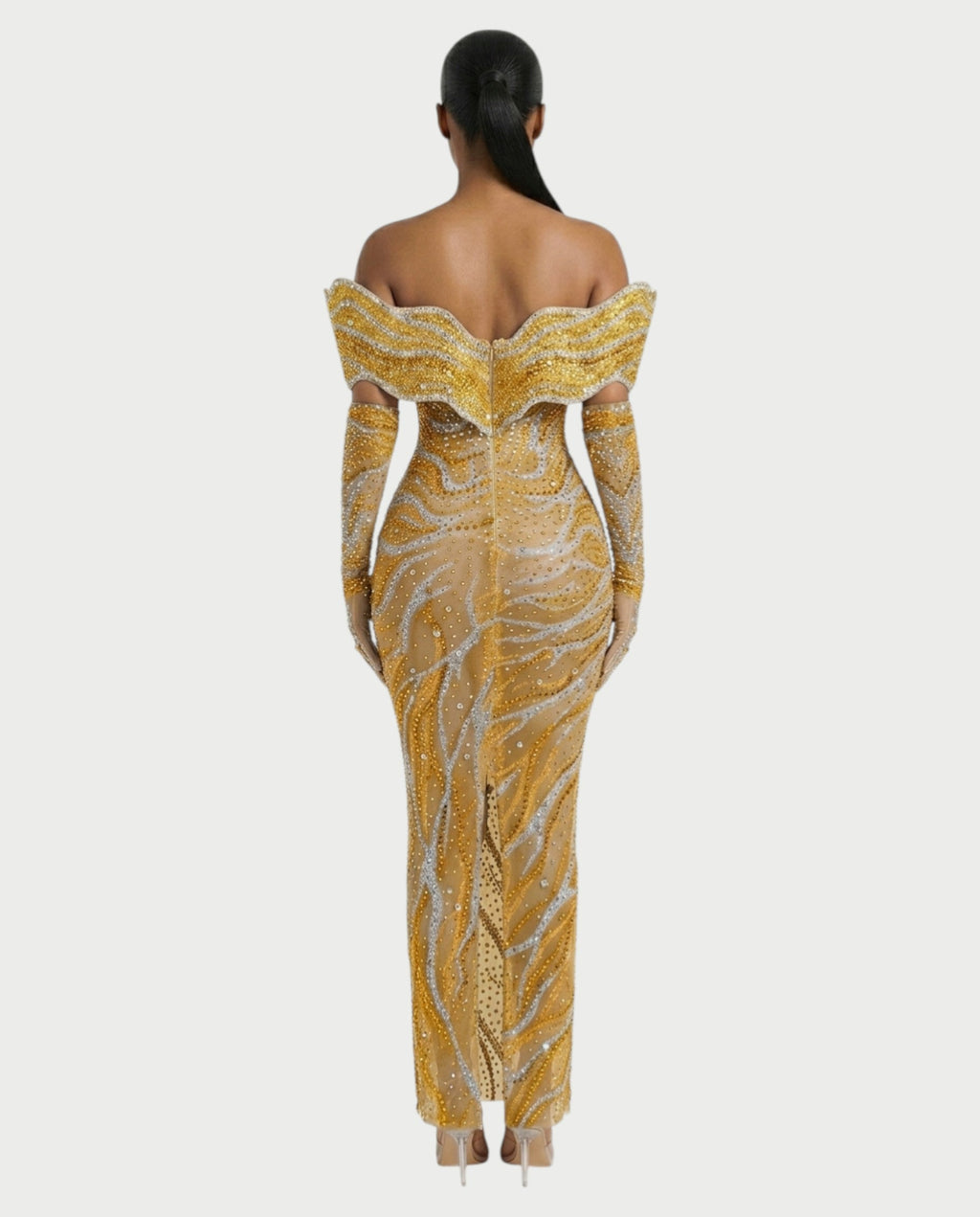 NELKA Rhinestone Off-Shoulder Mesh Maxi Dress