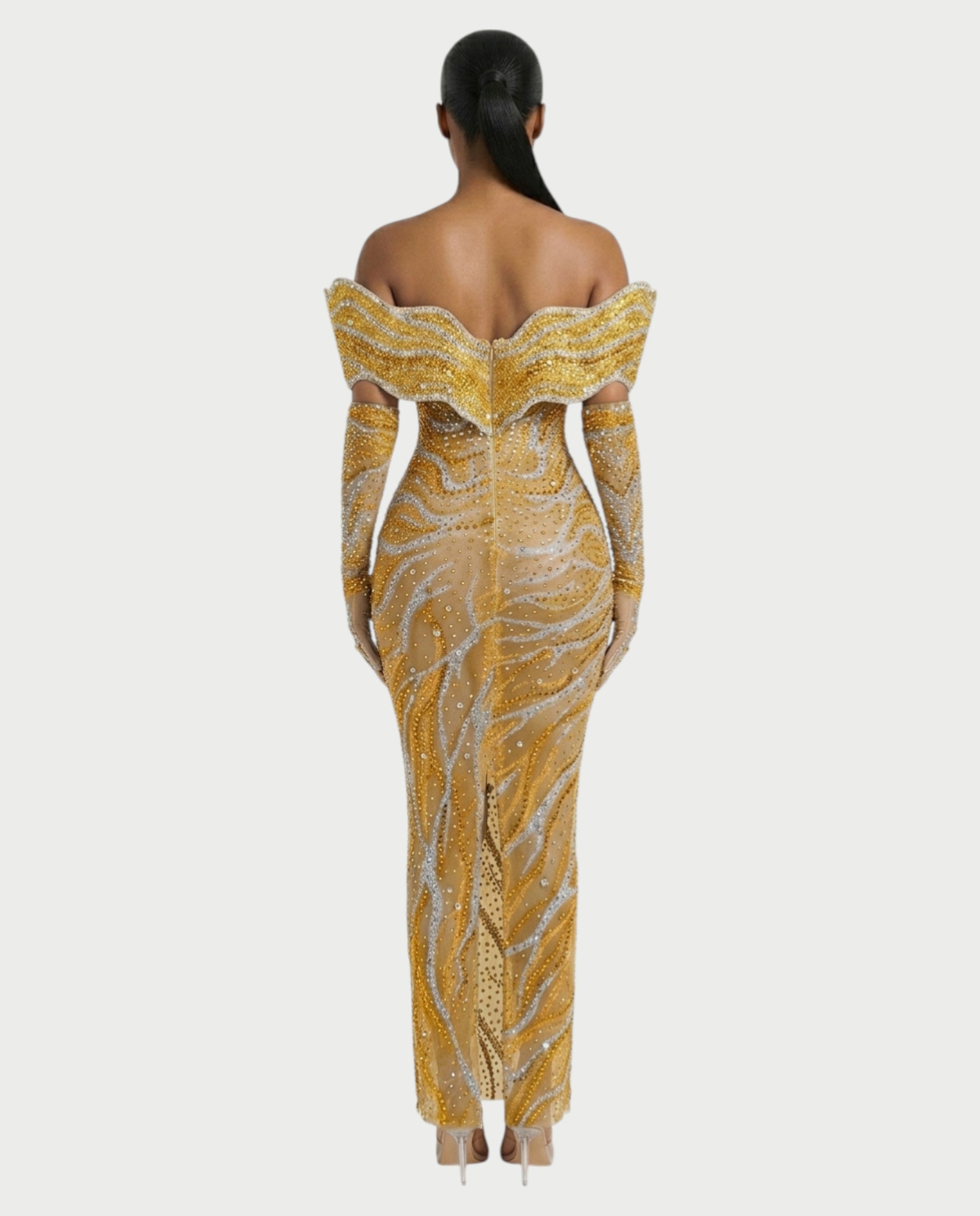 NELKA Rhinestone Off-Shoulder Mesh Maxi Dress