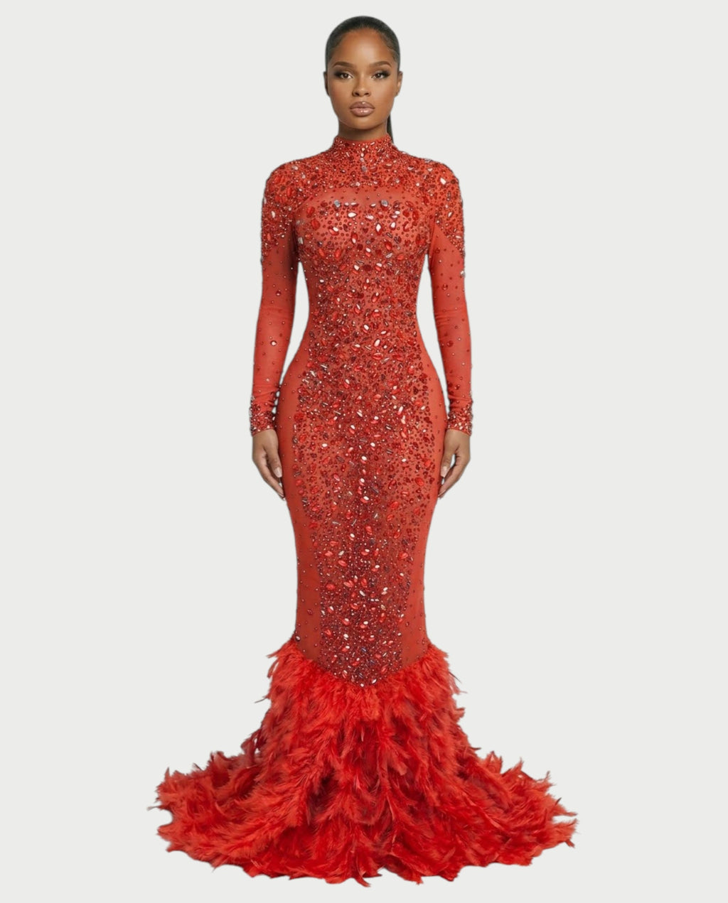 SOSANE Diamond High-Neck Feather Mermaid Maxi Dress