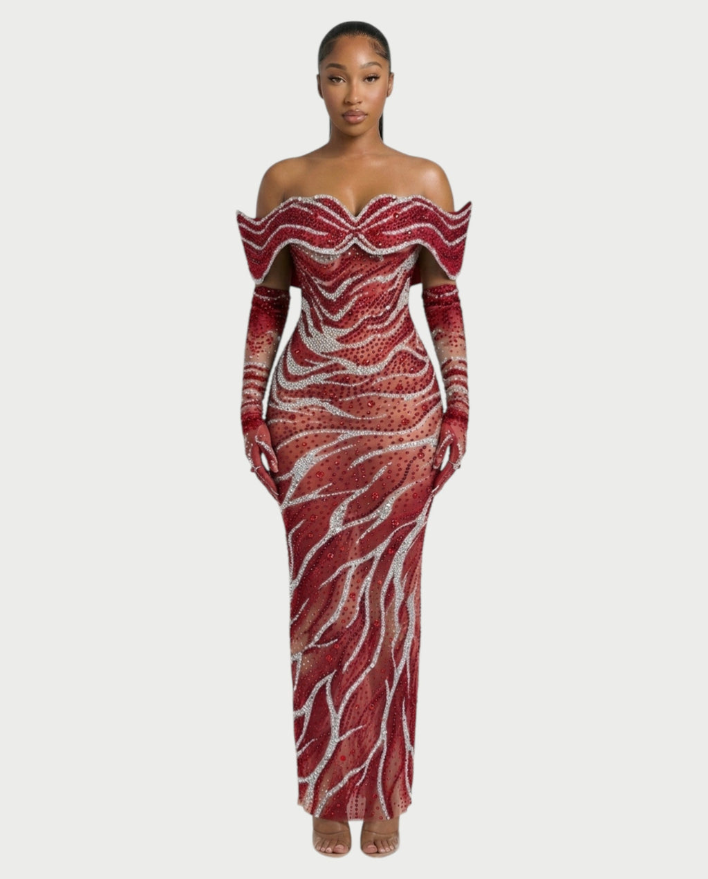 NELKA Rhinestone Off-Shoulder Mesh Maxi Dress
