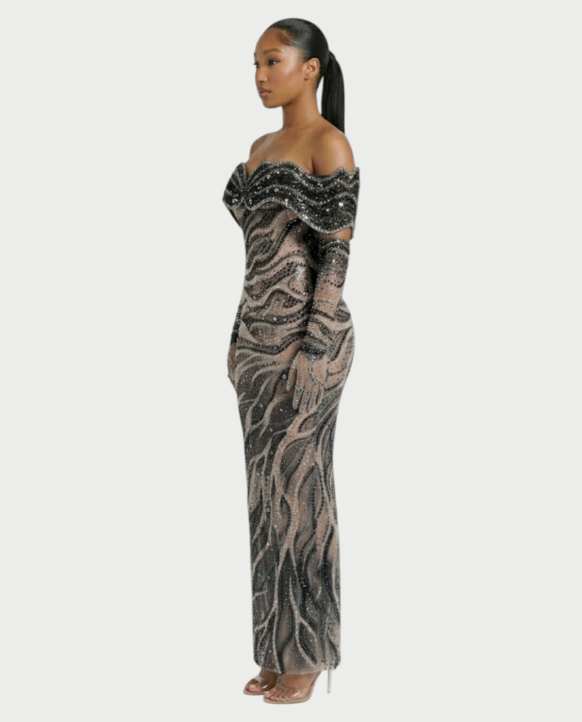 NELKA Rhinestone Off-Shoulder Mesh Maxi Dress
