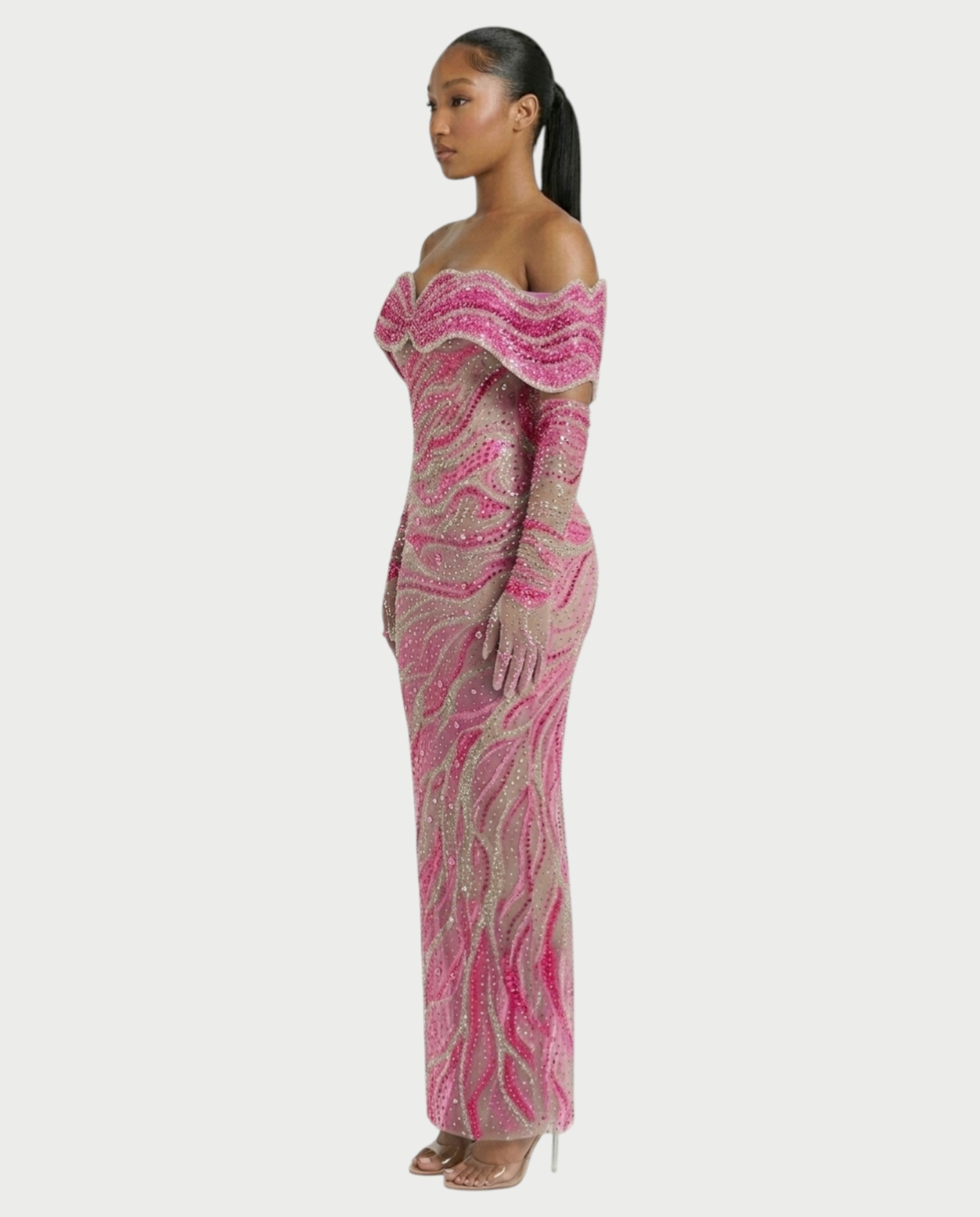 NELKA Rhinestone Off-Shoulder Mesh Maxi Dress