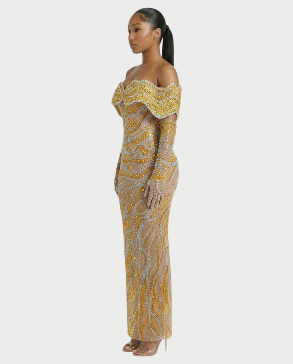NELKA Rhinestone Off-Shoulder Mesh Maxi Dress