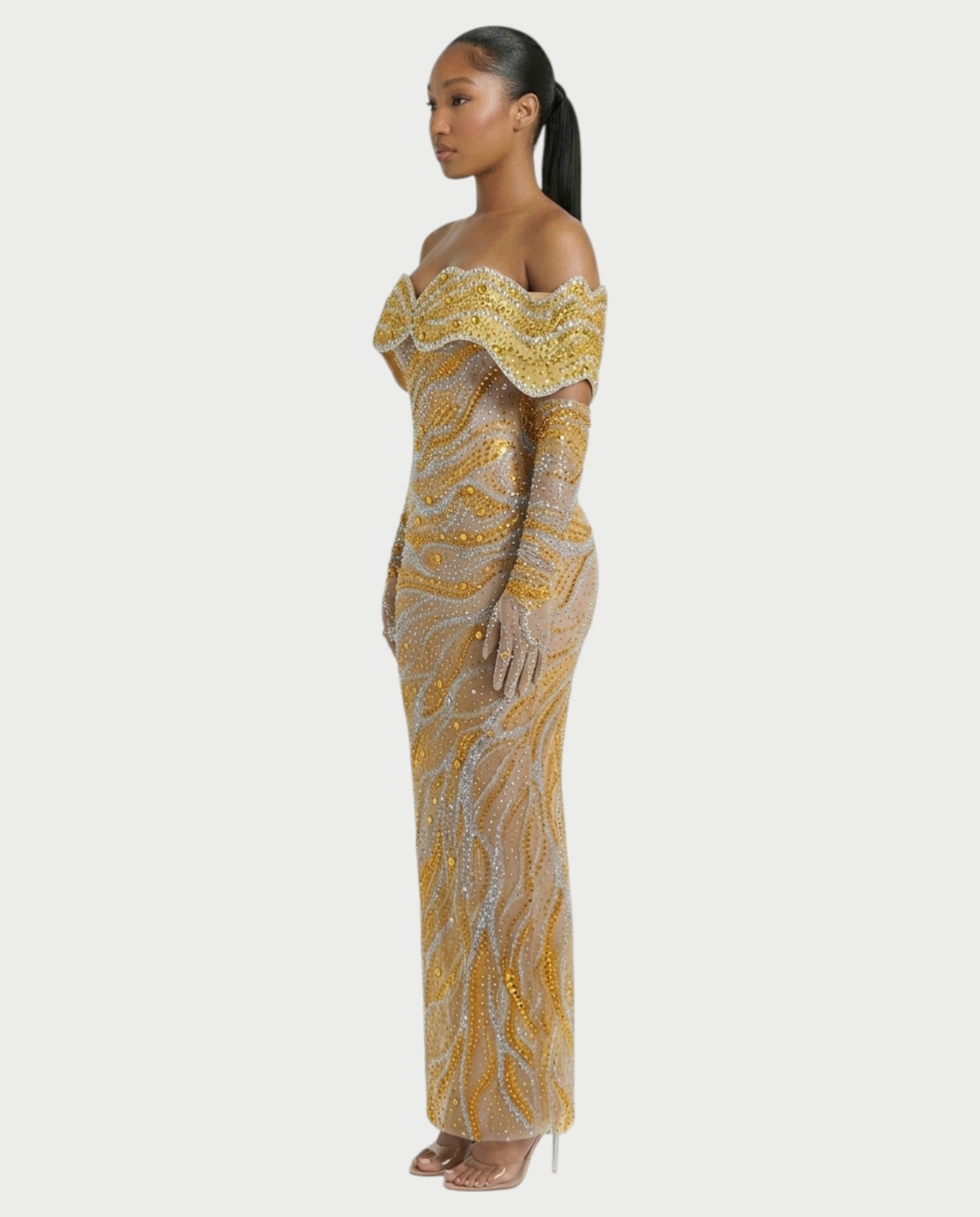 NELKA Rhinestone Off-Shoulder Mesh Maxi Dress