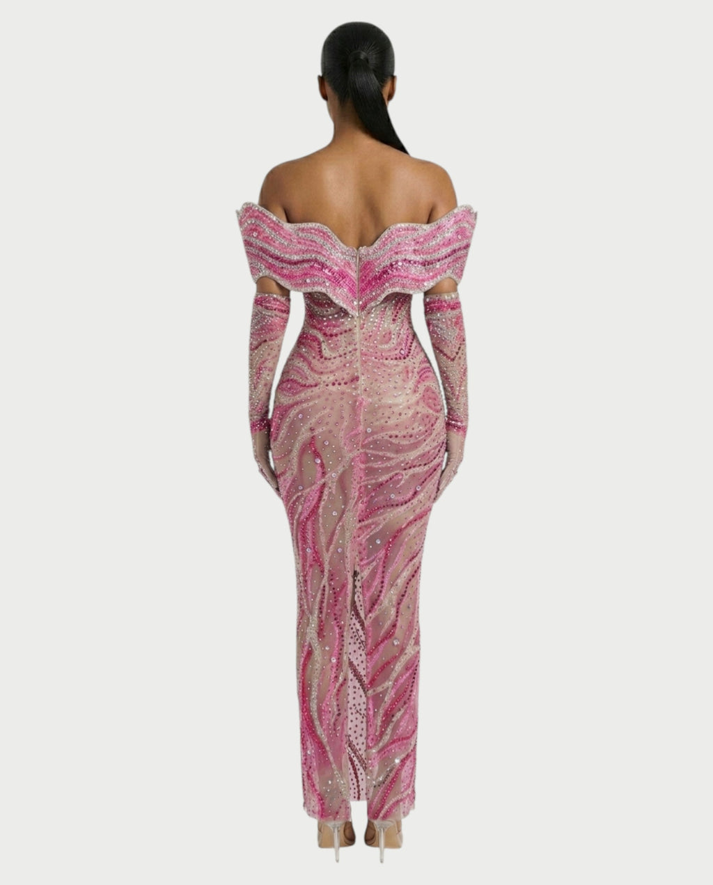 NELKA Rhinestone Off-Shoulder Mesh Maxi Dress