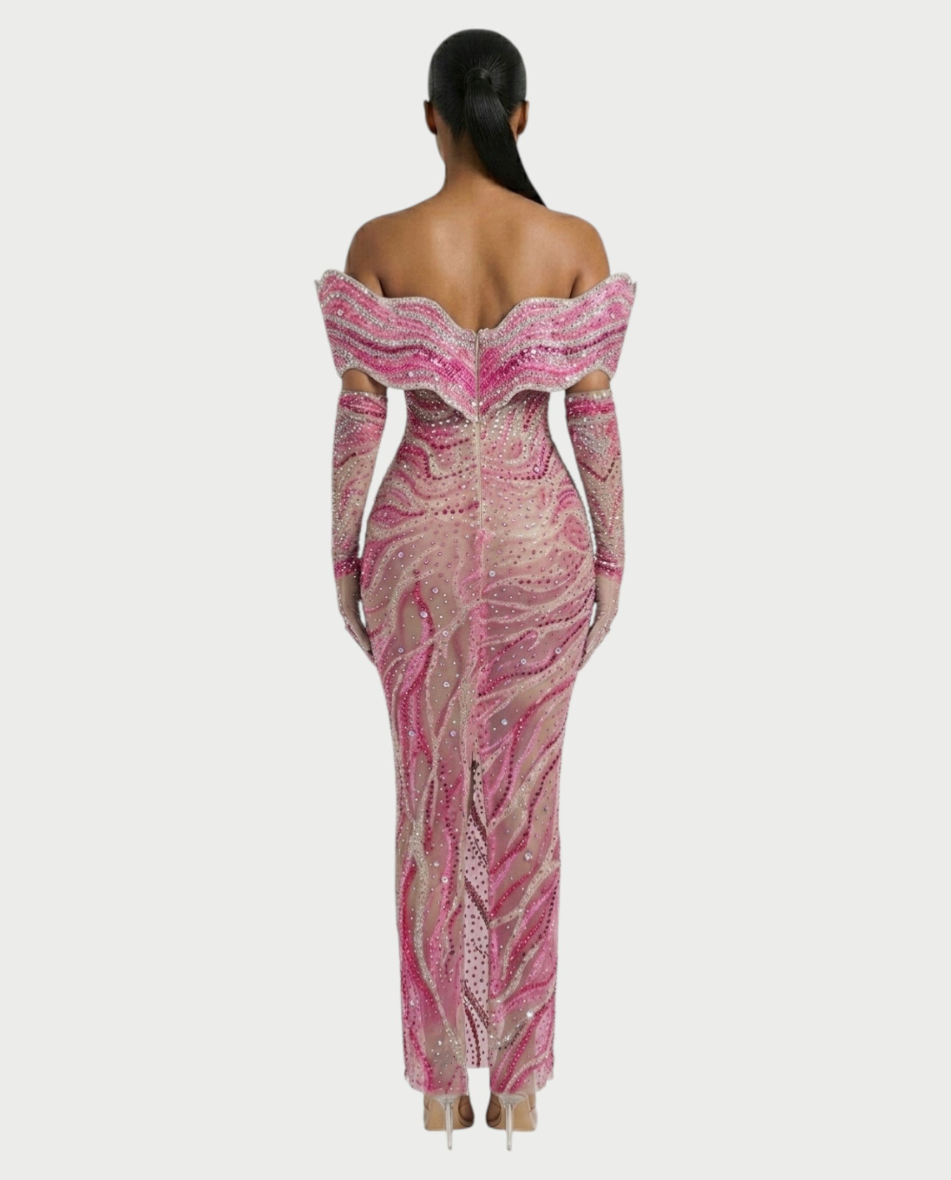 NELKA Rhinestone Off-Shoulder Mesh Maxi Dress